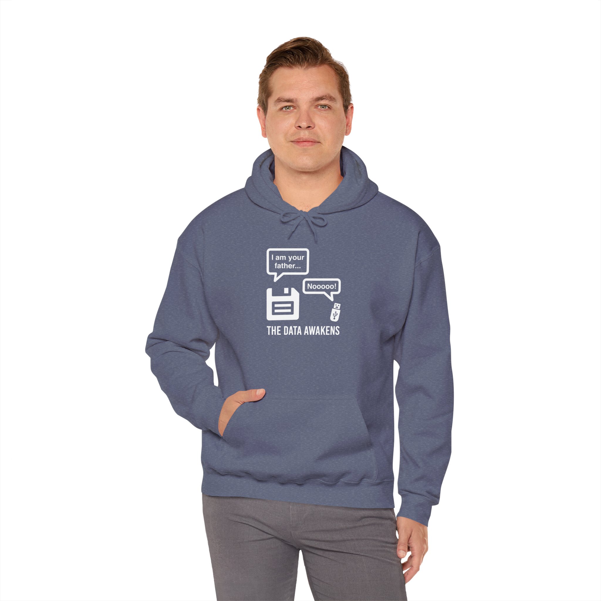 The Data Awakens hoodie in Heather Navy, worn by a model, fourth view