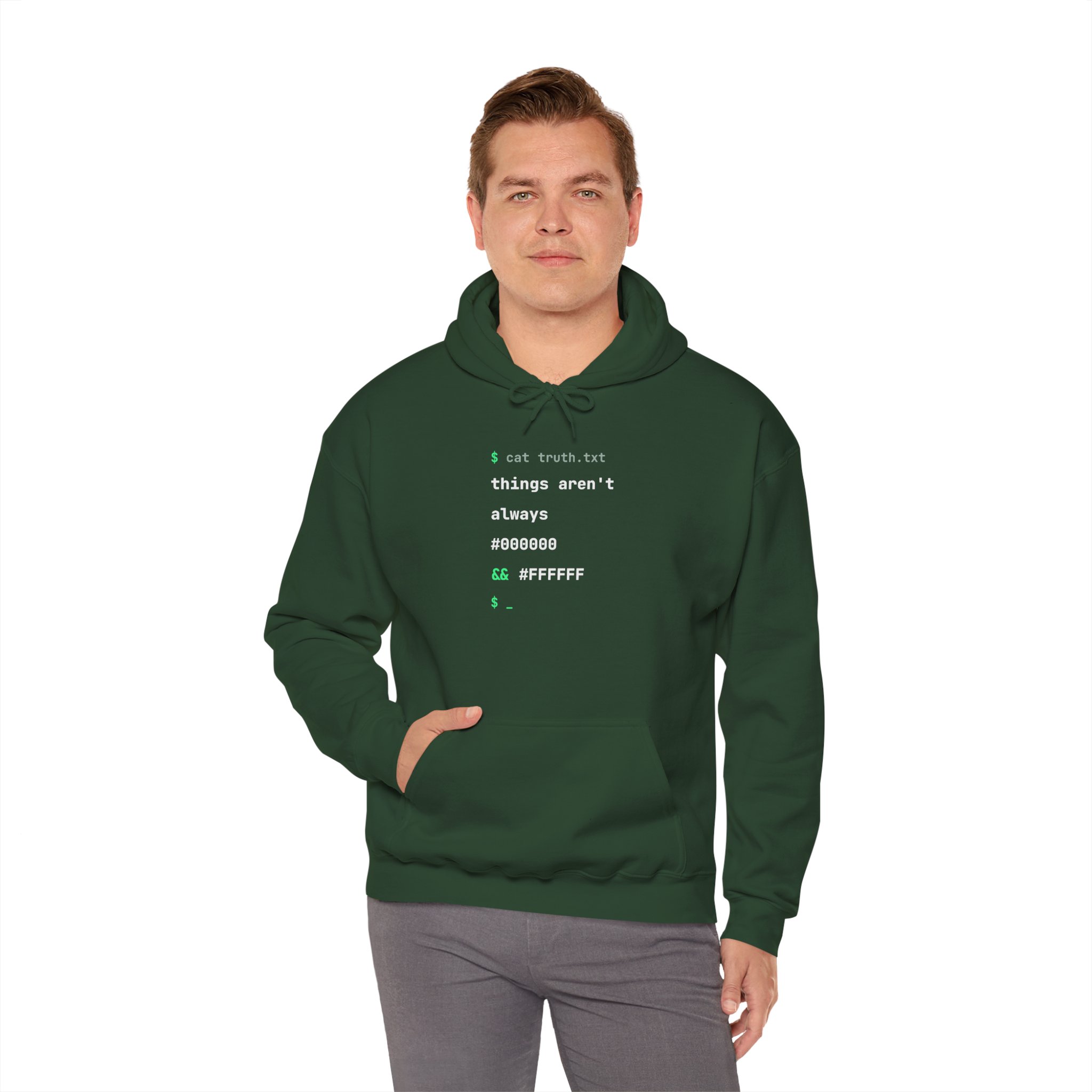 cat truth.txt hoodie in Forest Green, worn by a model, fourth view