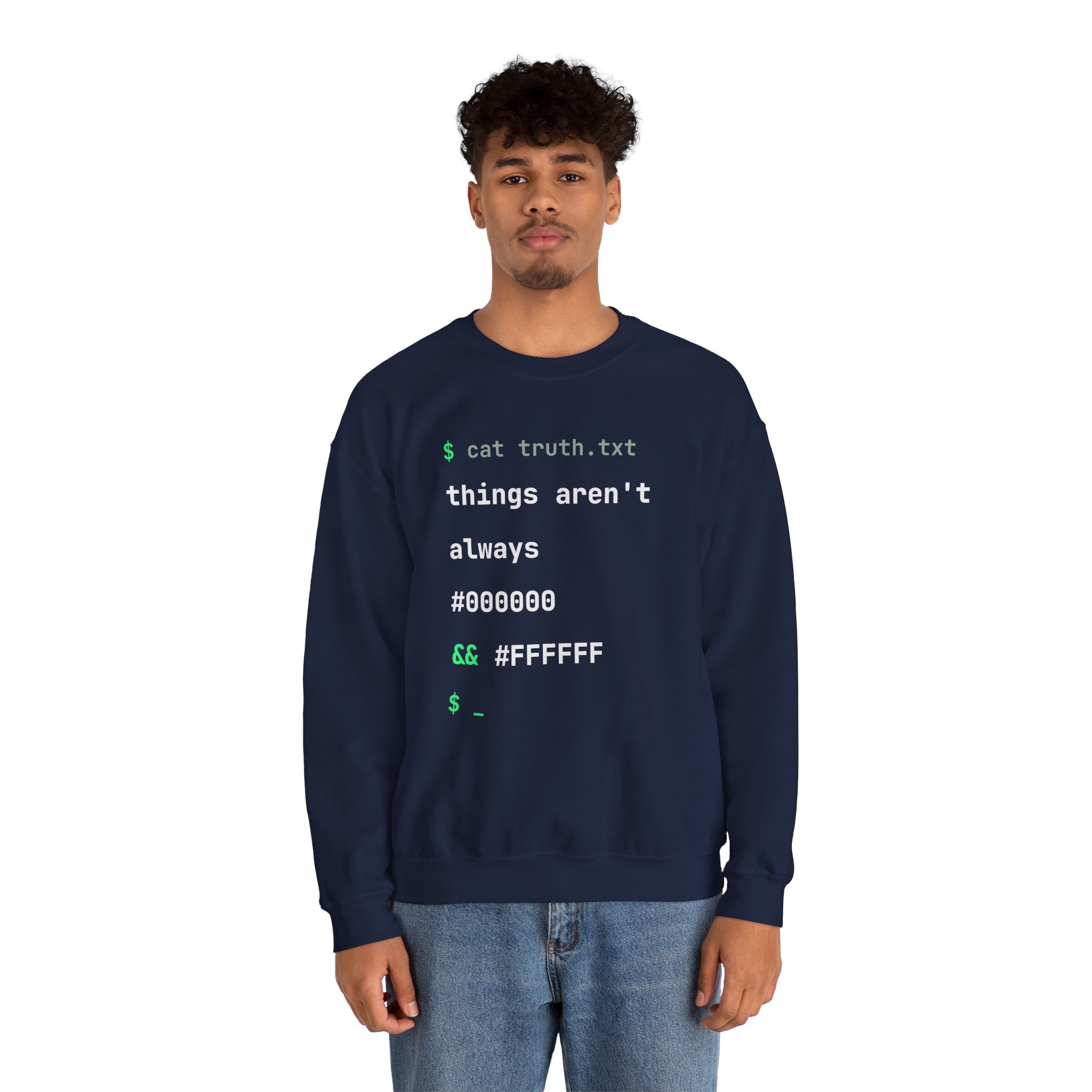 cat truth.txt crewneck sweatshirt in Navy, worn by a model, second view