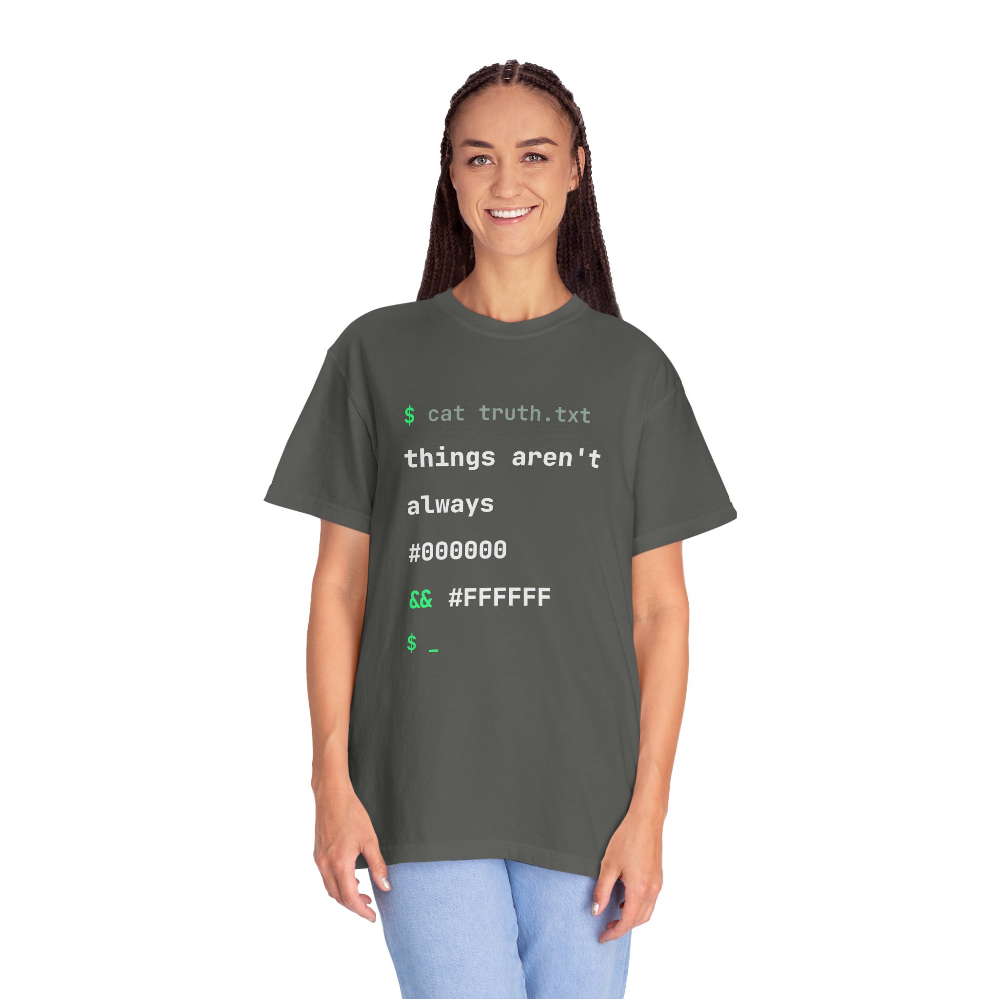 cat truth.txt T-shirt in Pepper, worn by a woman