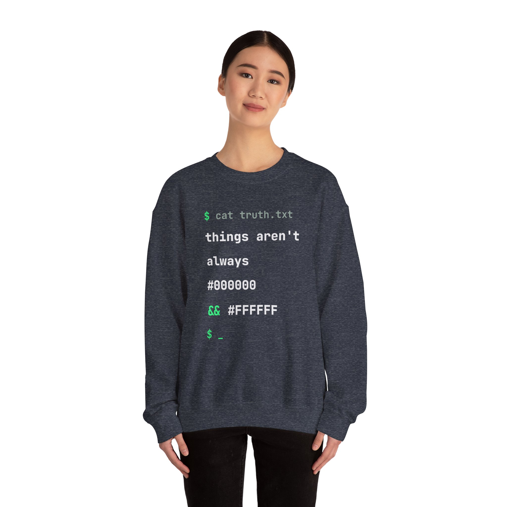 cat truth.txt crewneck sweatshirt in Heather Sport Dark Navy, worn by a model