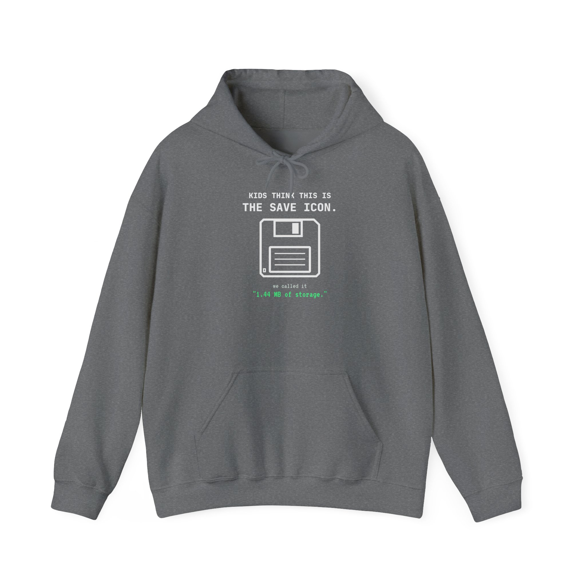 The Original Save Icon hoodie in Graphite Heather, front view