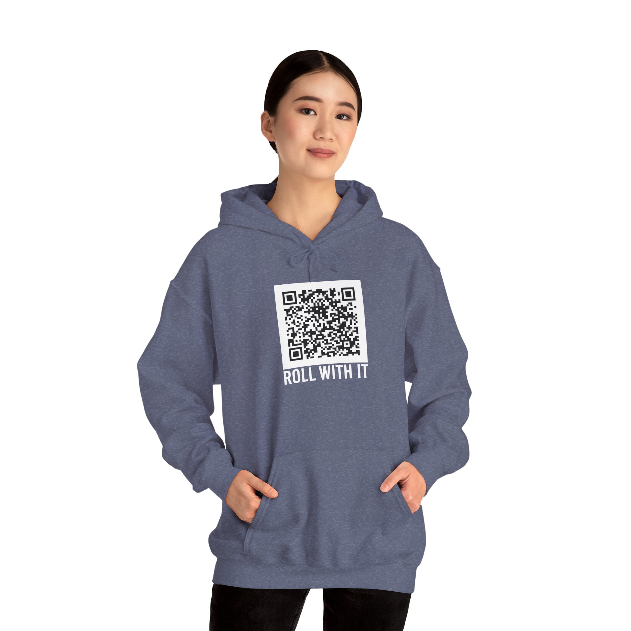 Roll With It QR Code hoodie in Heather Navy, worn by a model