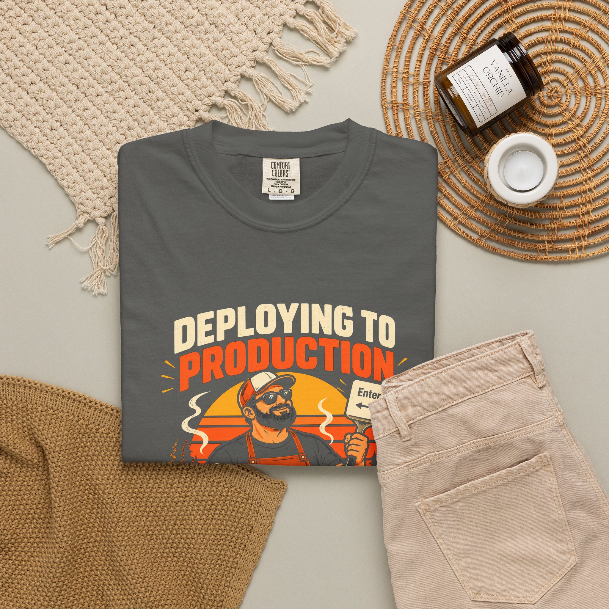 Deploying to Production T-shirt in Pepper, folded 2