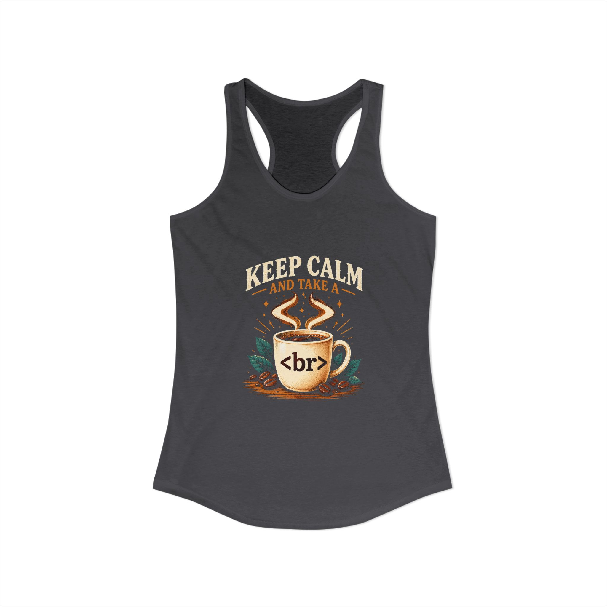 Keep Calm Coffee Break women's racerback tank in Solid Dark Gray, front view