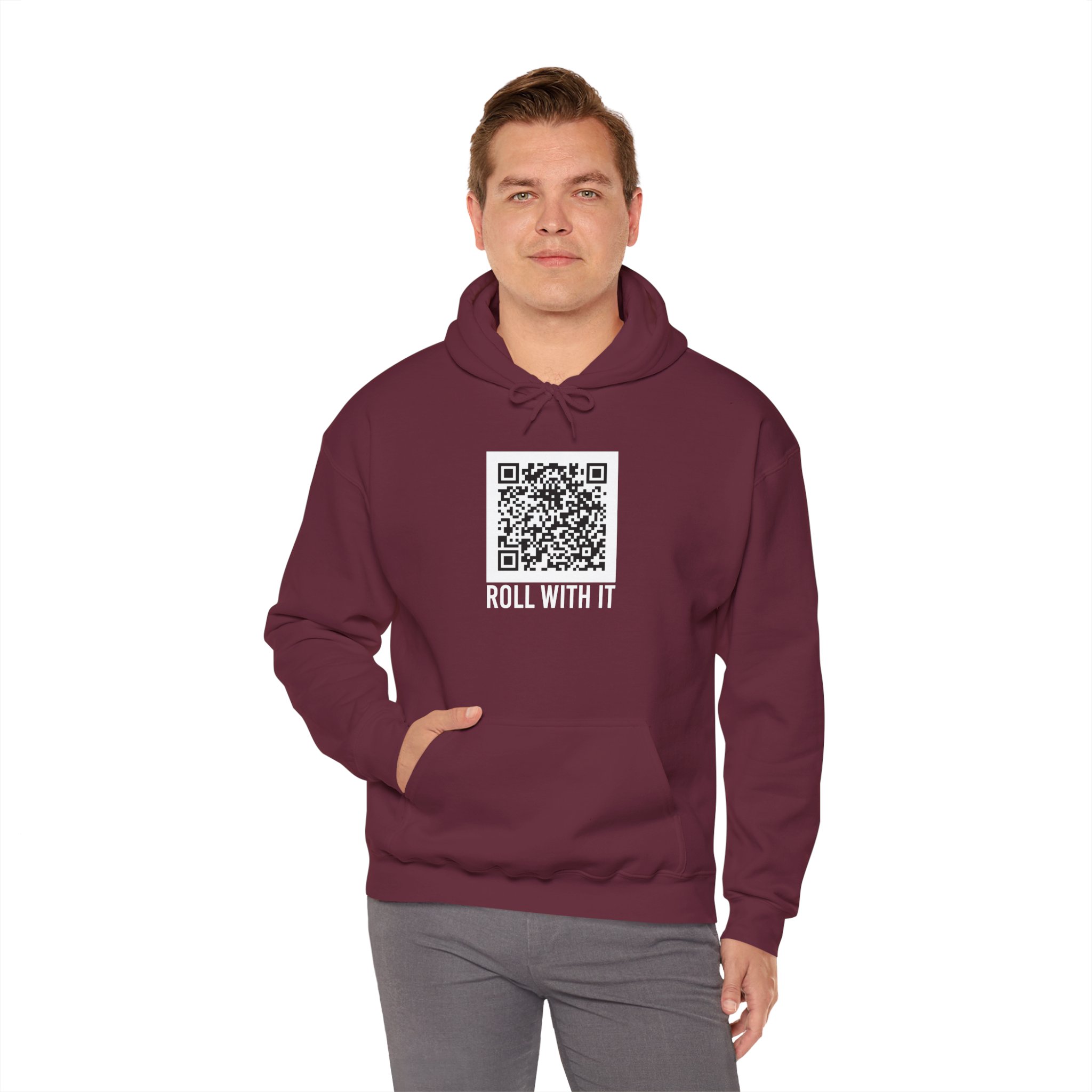 Roll With It QR Code hoodie in Maroon, worn by a model, fourth view