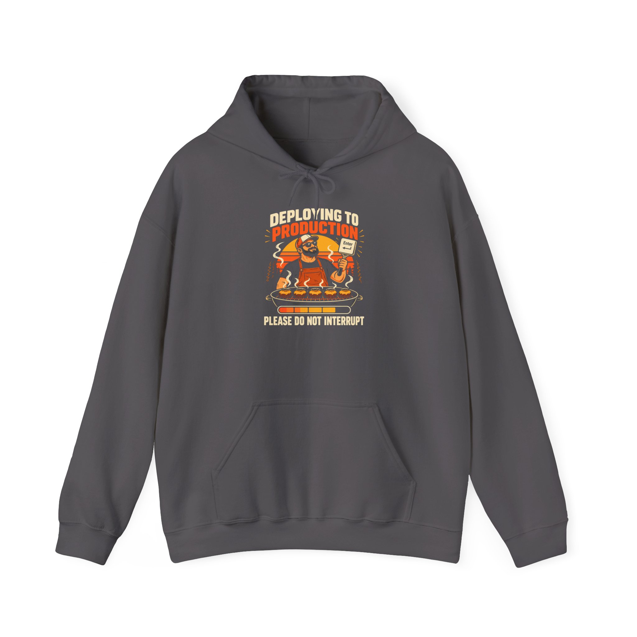Deploying to Production hoodie in Charcoal, front view