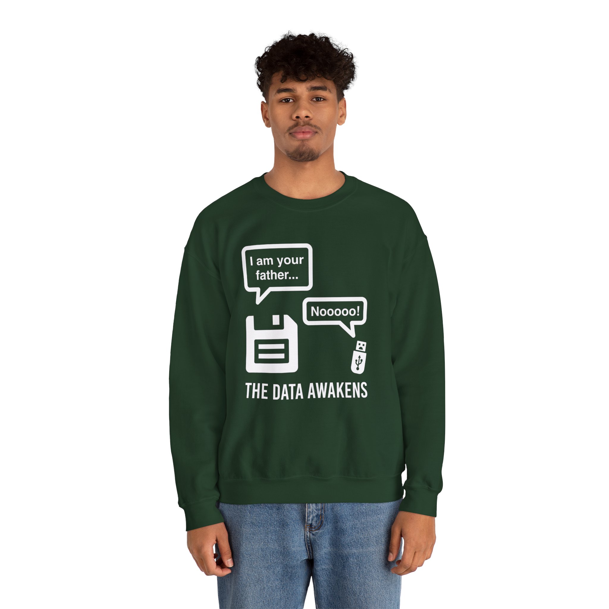 The Data Awakens crewneck sweatshirt in Forest Green, worn by a model, second view