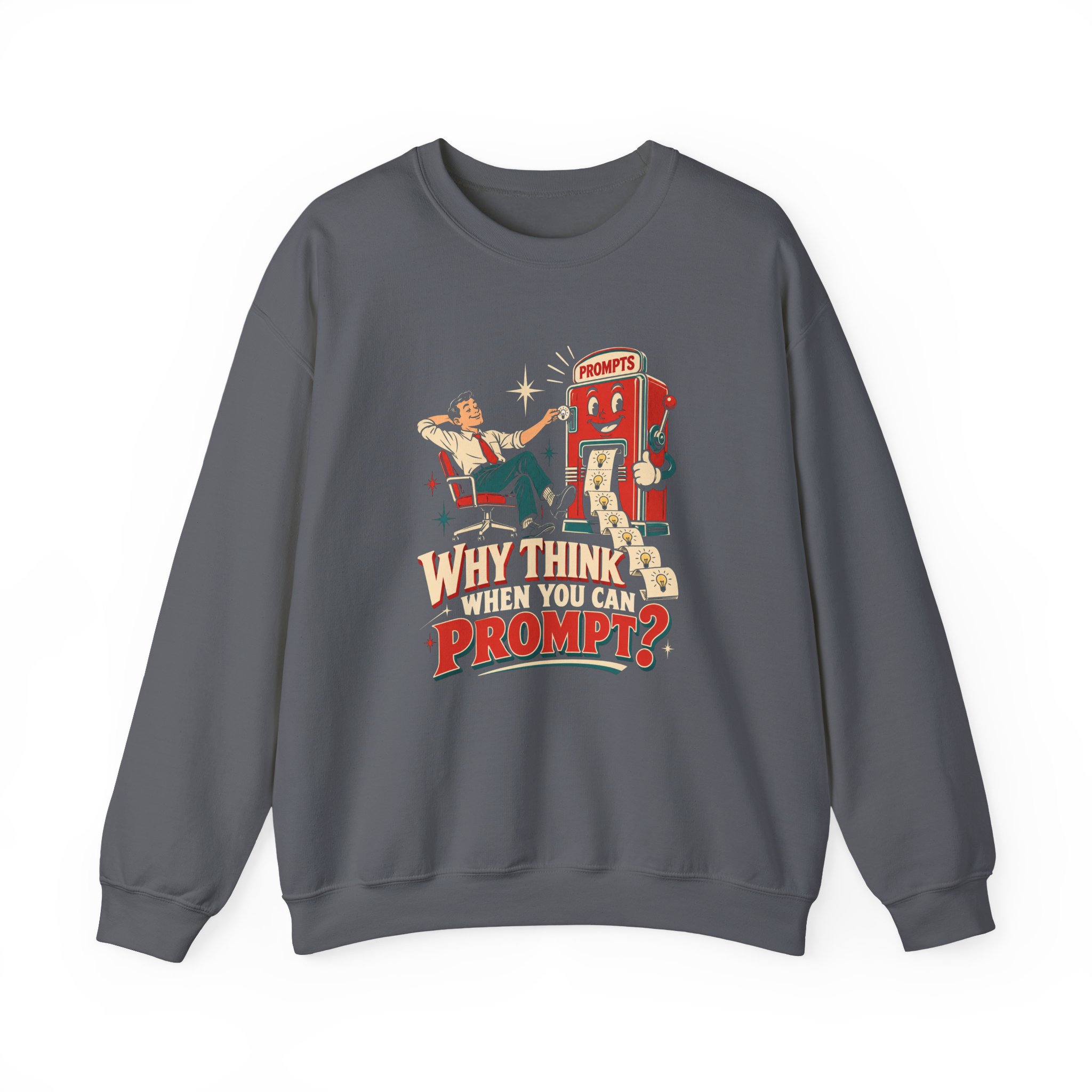 Prompt Machine crewneck sweatshirt in Charcoal, front view
