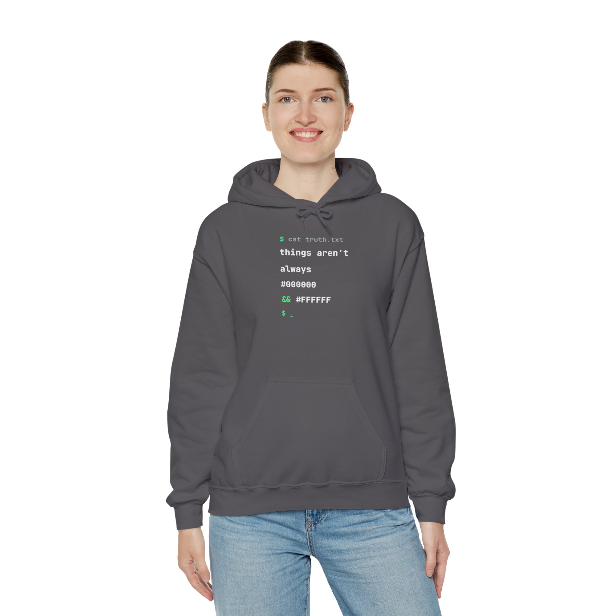 cat truth.txt hoodie in Charcoal, worn by a model, third view