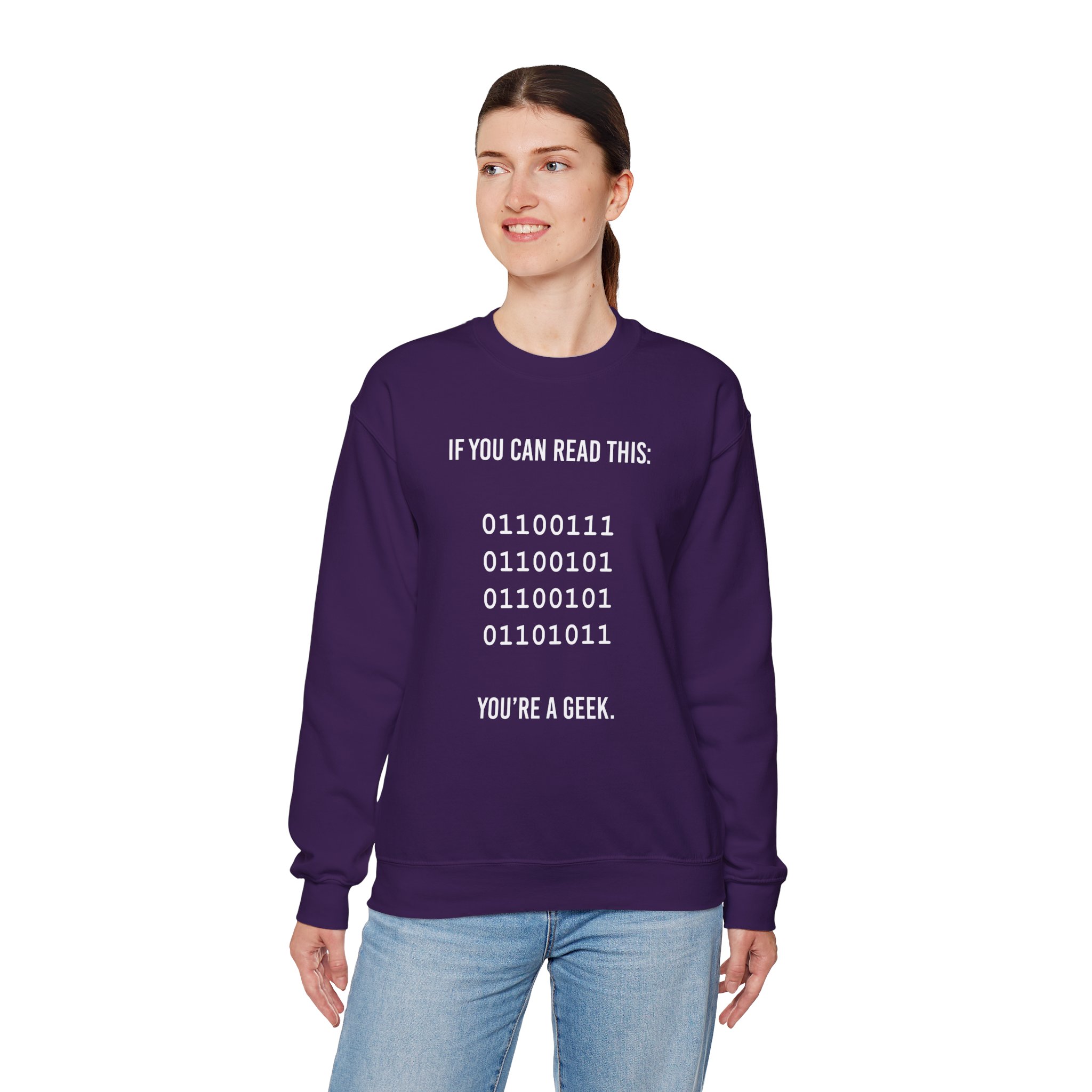 Geek Binary Code crewneck sweatshirt in Purple, worn by a model, fourth view