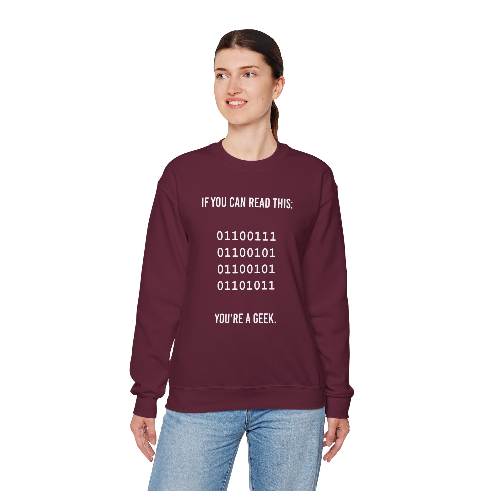 Geek Binary Code crewneck sweatshirt in Maroon, worn by a model, fourth view