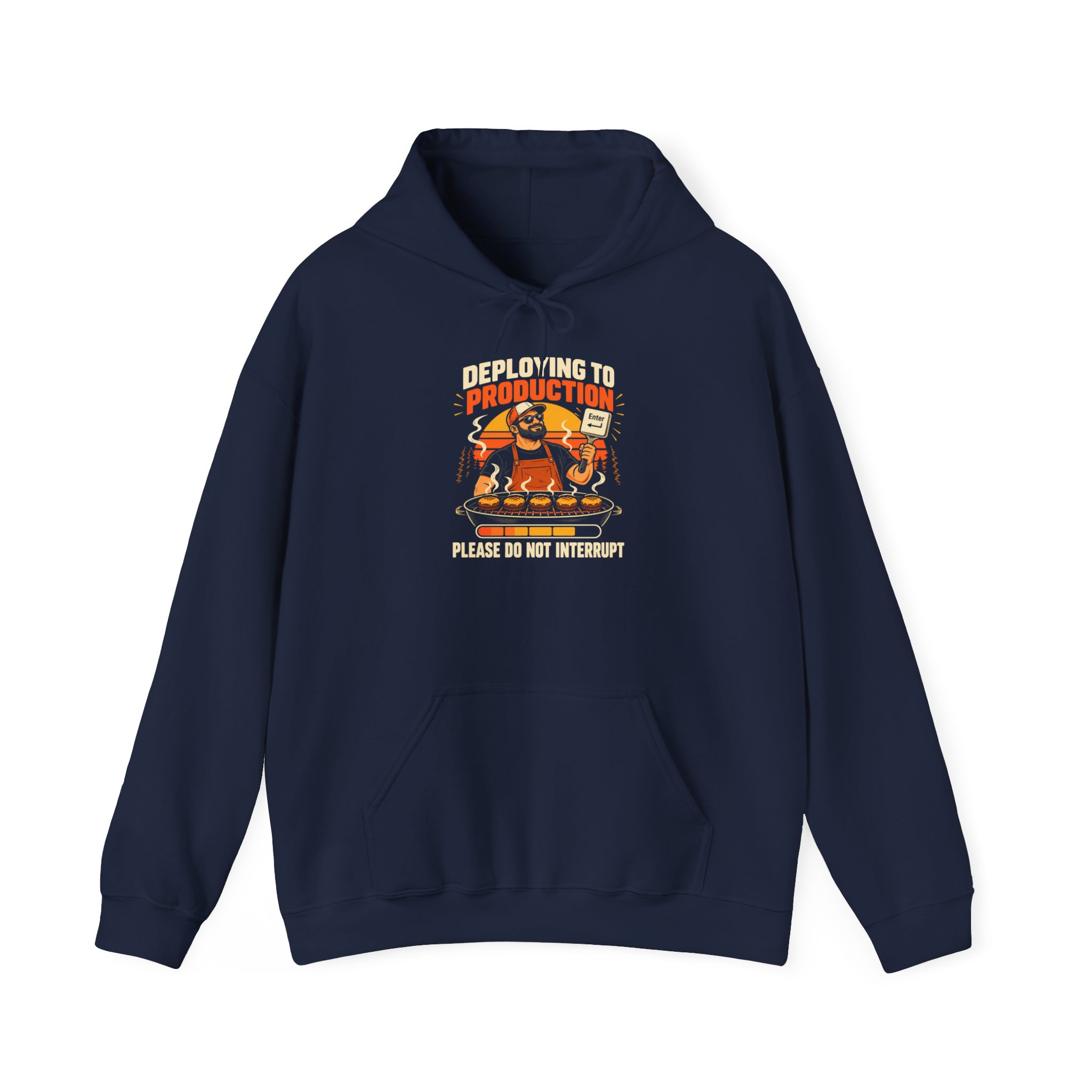 Deploying to Production hoodie in Navy, front view