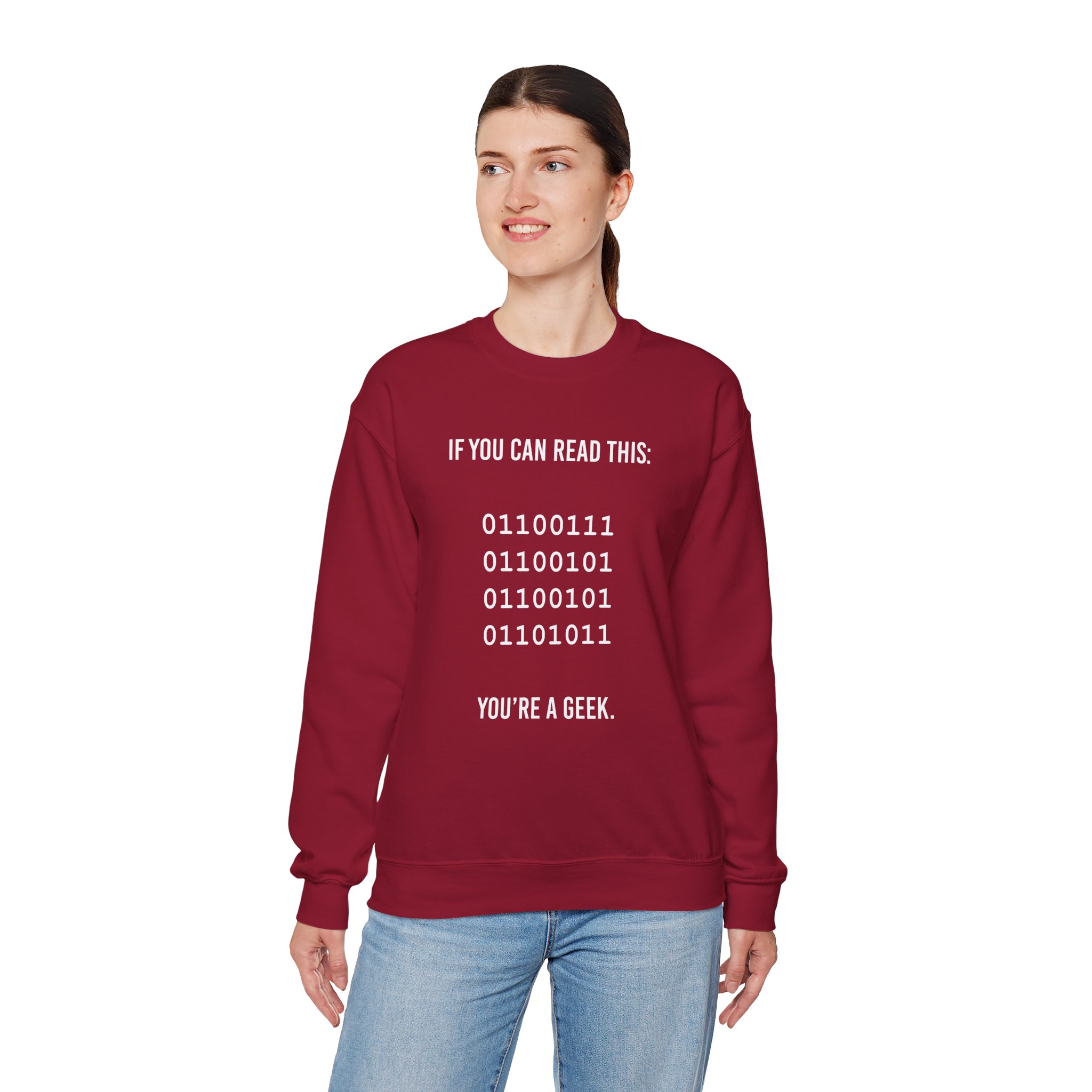 Geek Binary Code crewneck sweatshirt in Cardinal Red, worn by a model, fourth view
