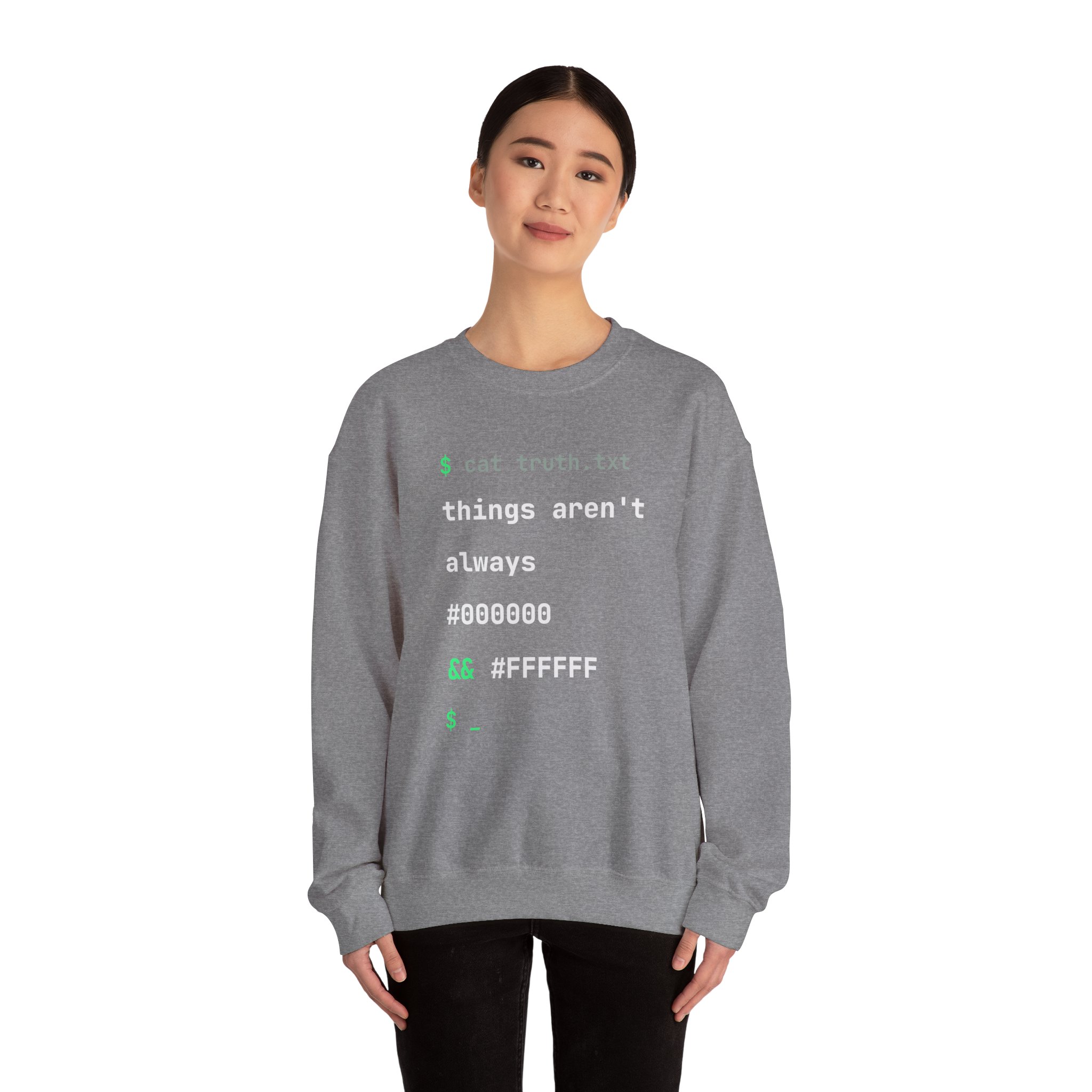 cat truth.txt crewneck sweatshirt in Graphite Heather, worn by a model