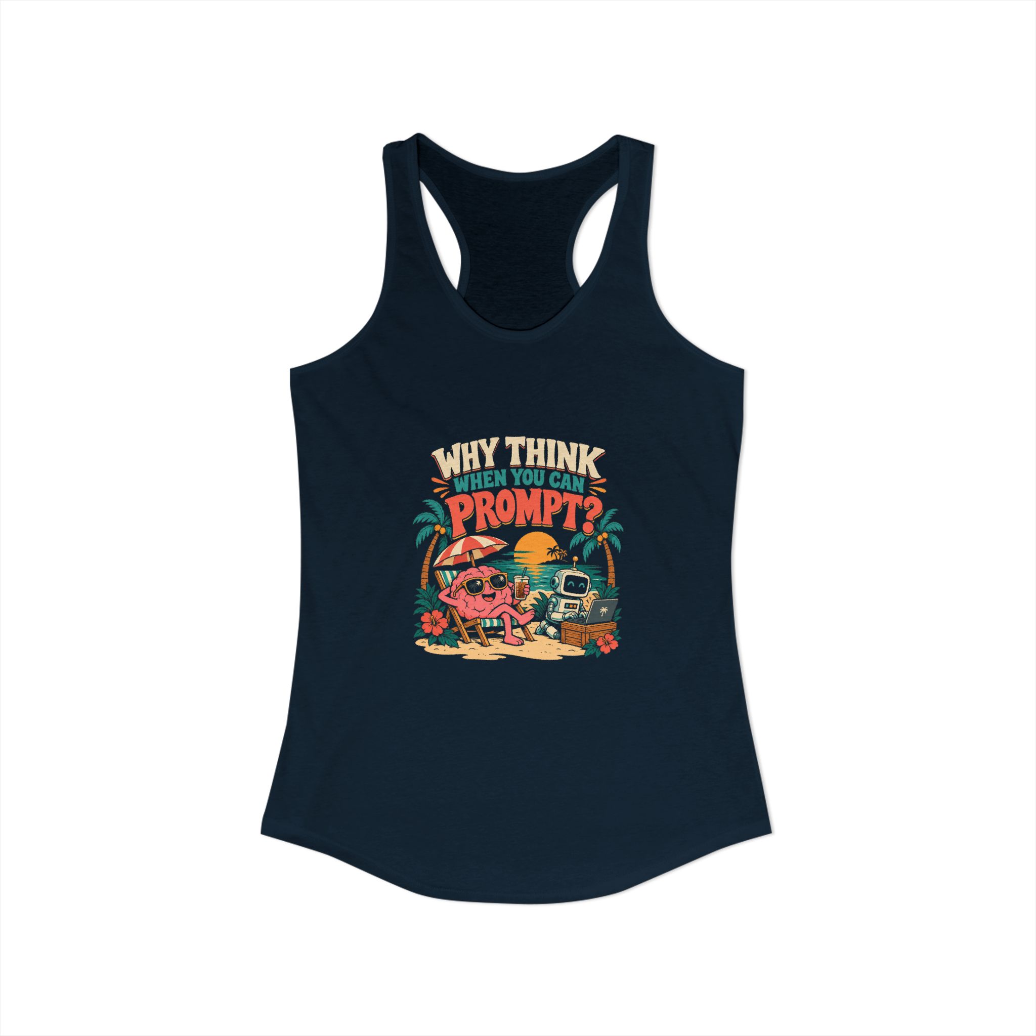 Prompt Beach Brain women's racerback tank in Solid Midnight Navy, front view