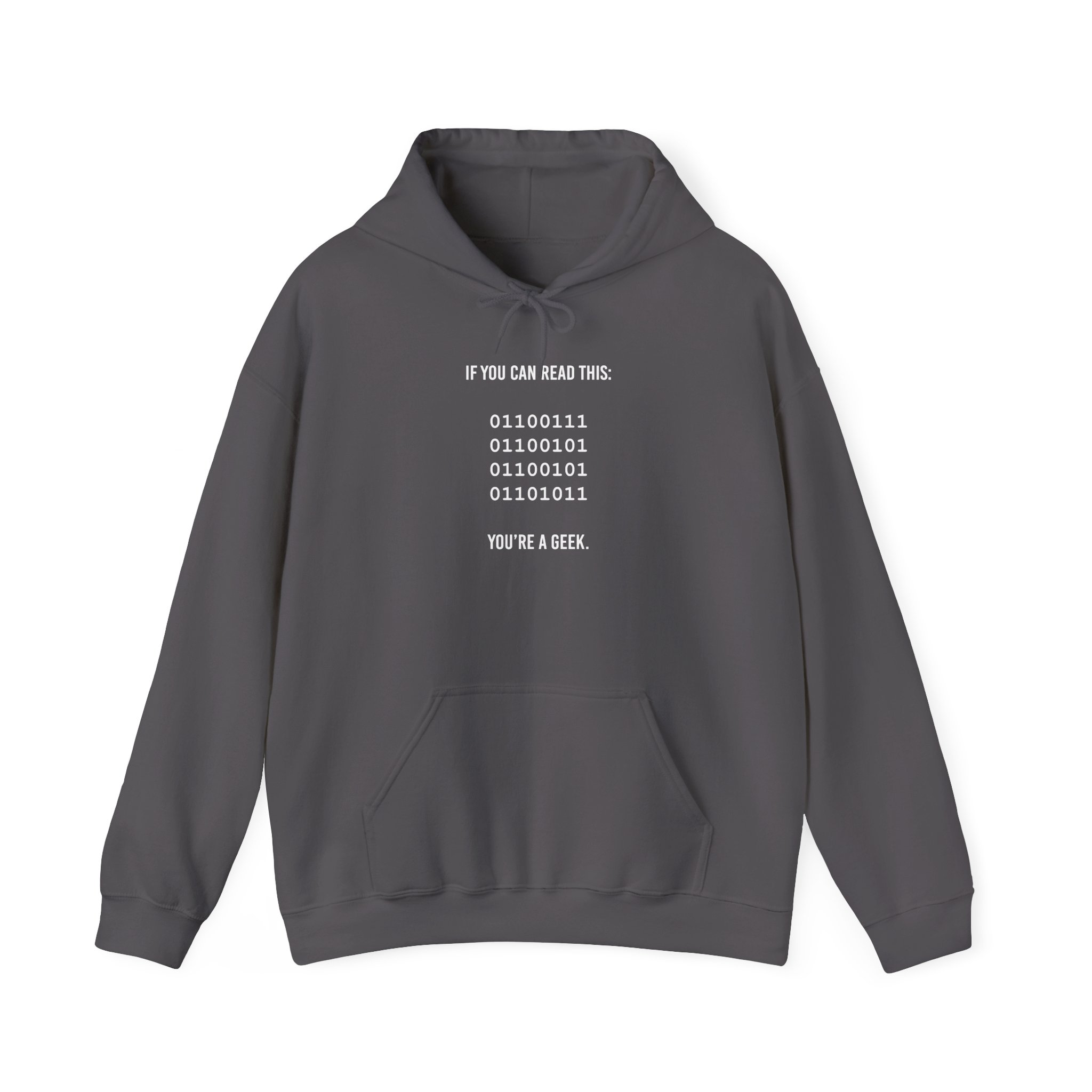 Geek Binary Code hoodie in Charcoal, front view