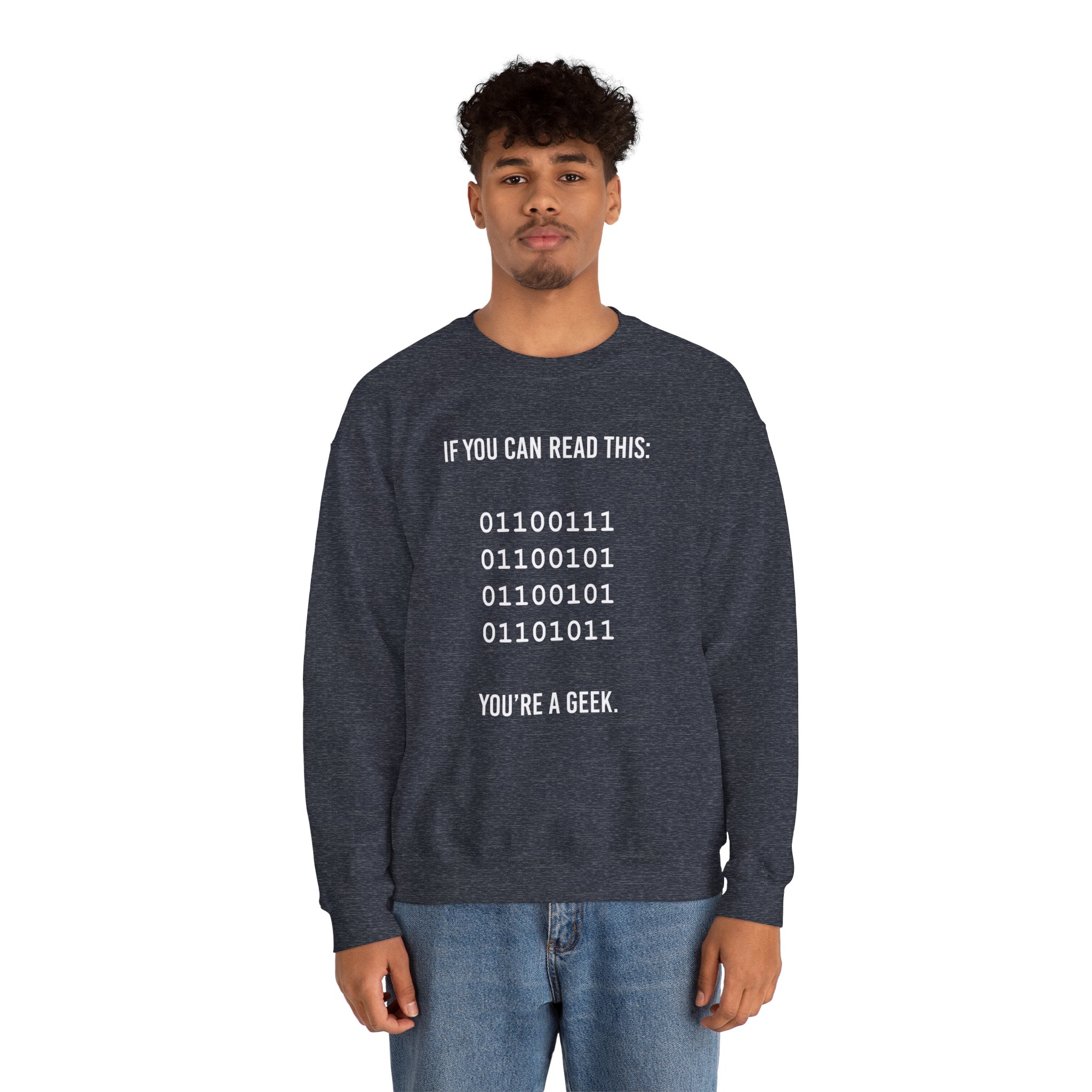 Geek Binary Code crewneck sweatshirt in Heather Sport Dark Navy, worn by a model, second view