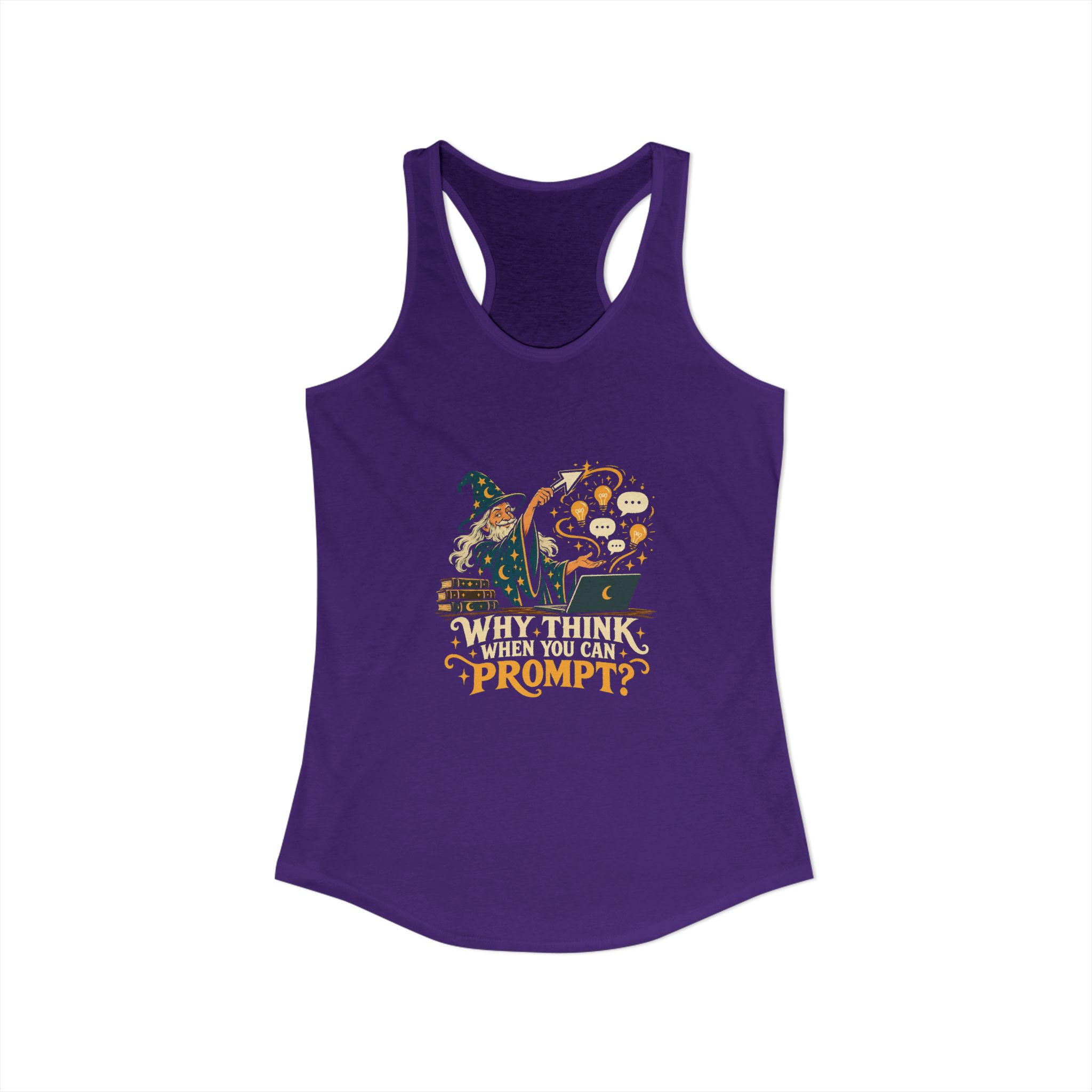 Prompt Wizard women's racerback tank in Solid Purple Rush, front view