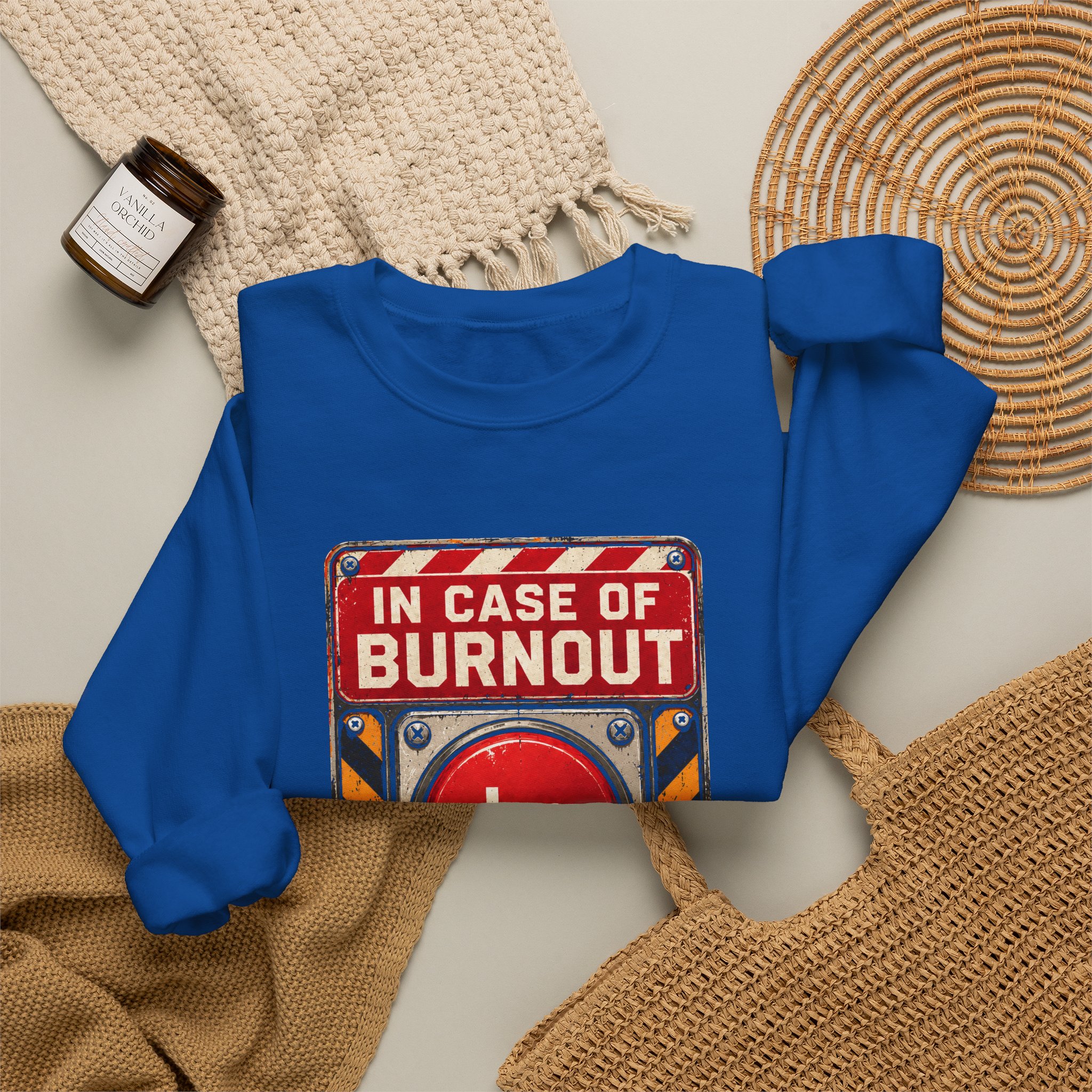 In Case of Burnout crewneck sweatshirt in Royal, folded 2