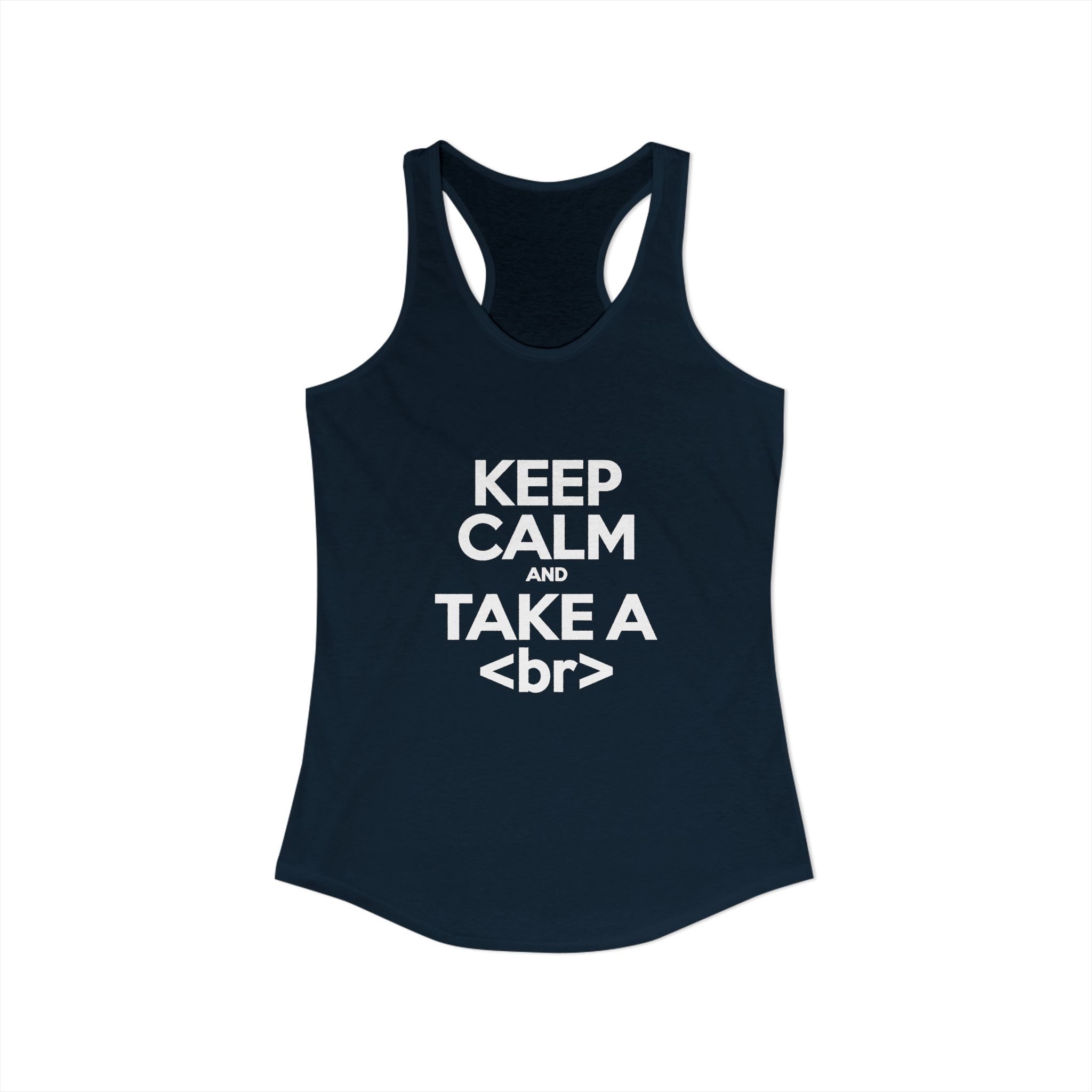 Keep Calm and Take a Break women's racerback tank in Solid Midnight Navy, front view