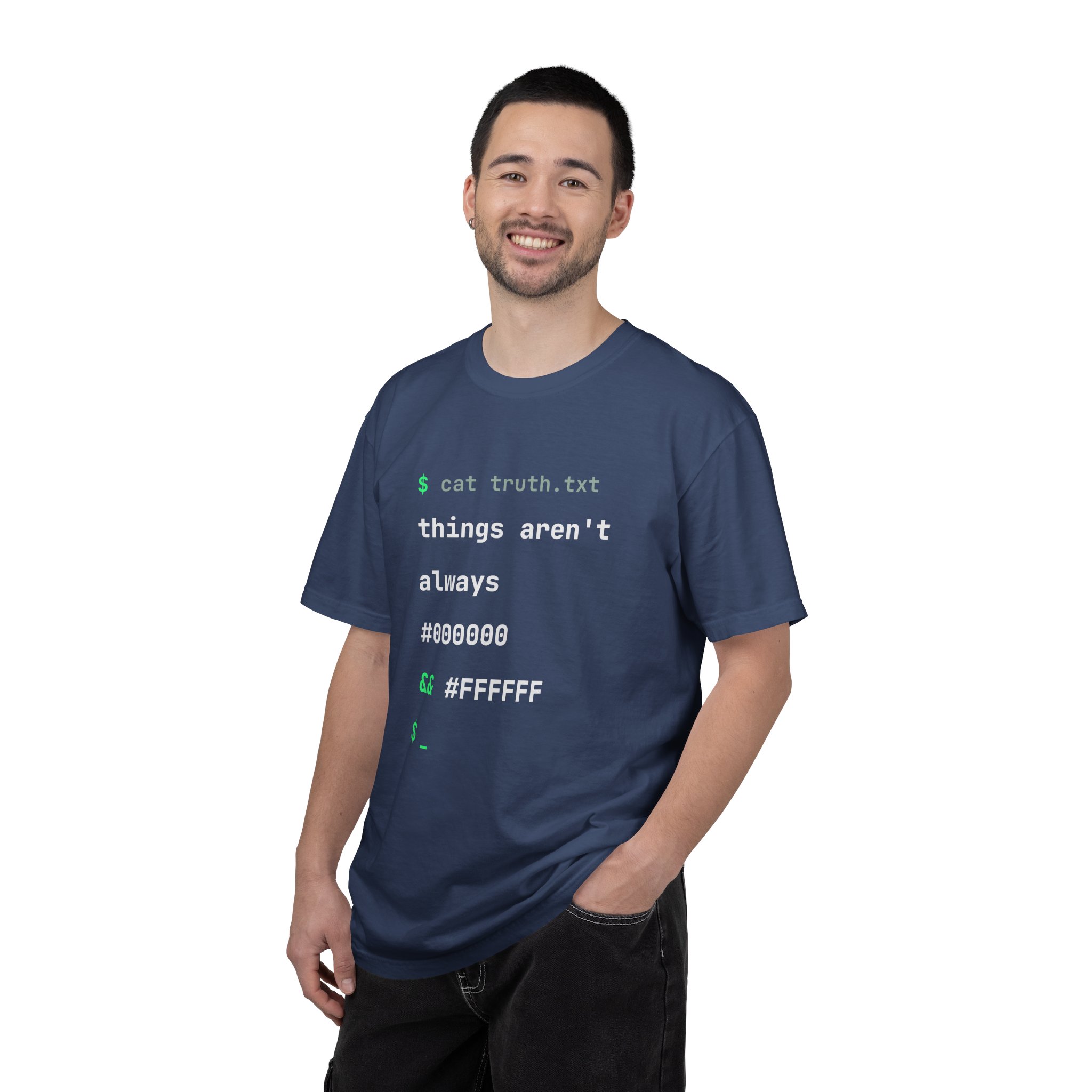 cat truth.txt T-shirt in China Blue, worn by a man