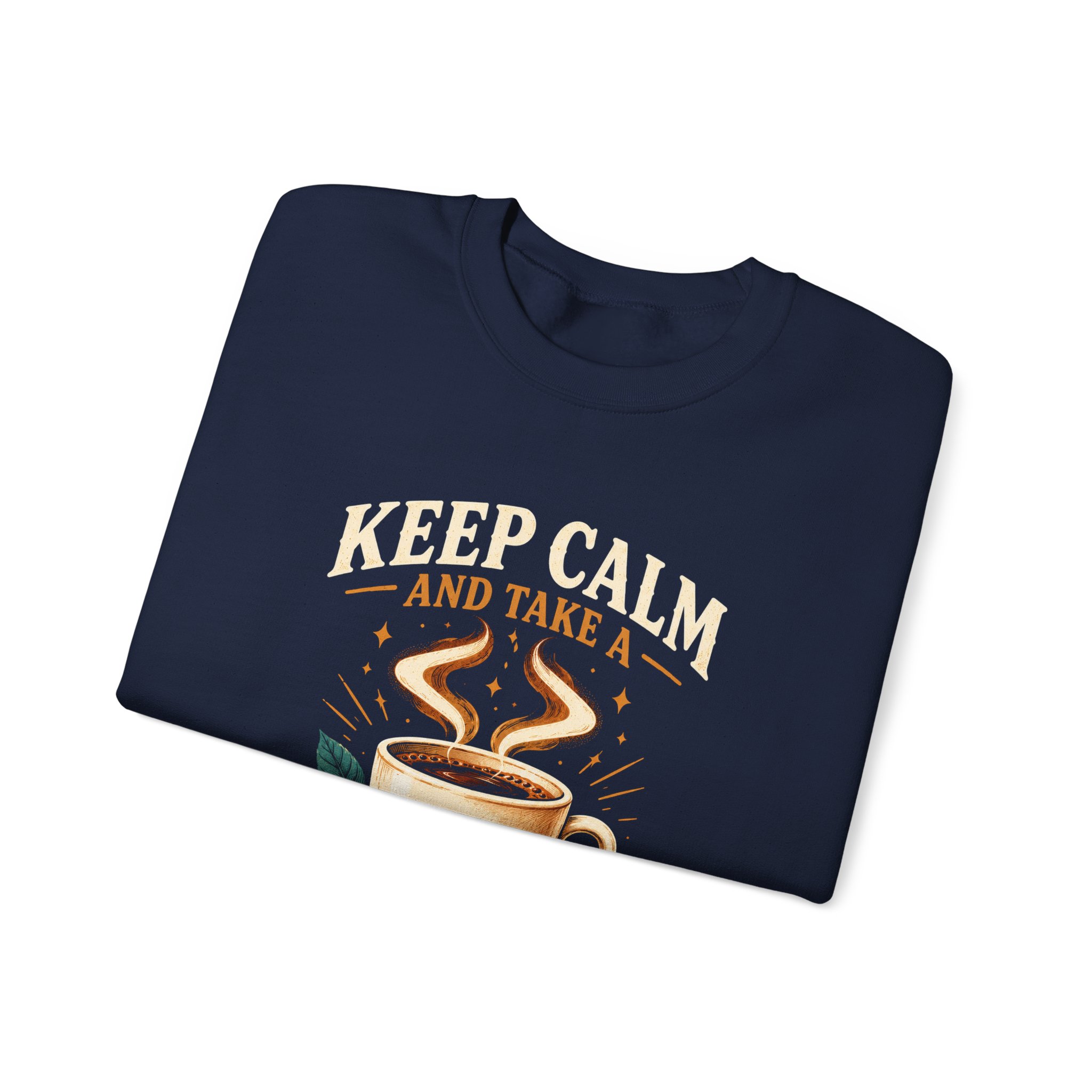 Keep Calm Coffee Break crewneck sweatshirt in Navy, folded