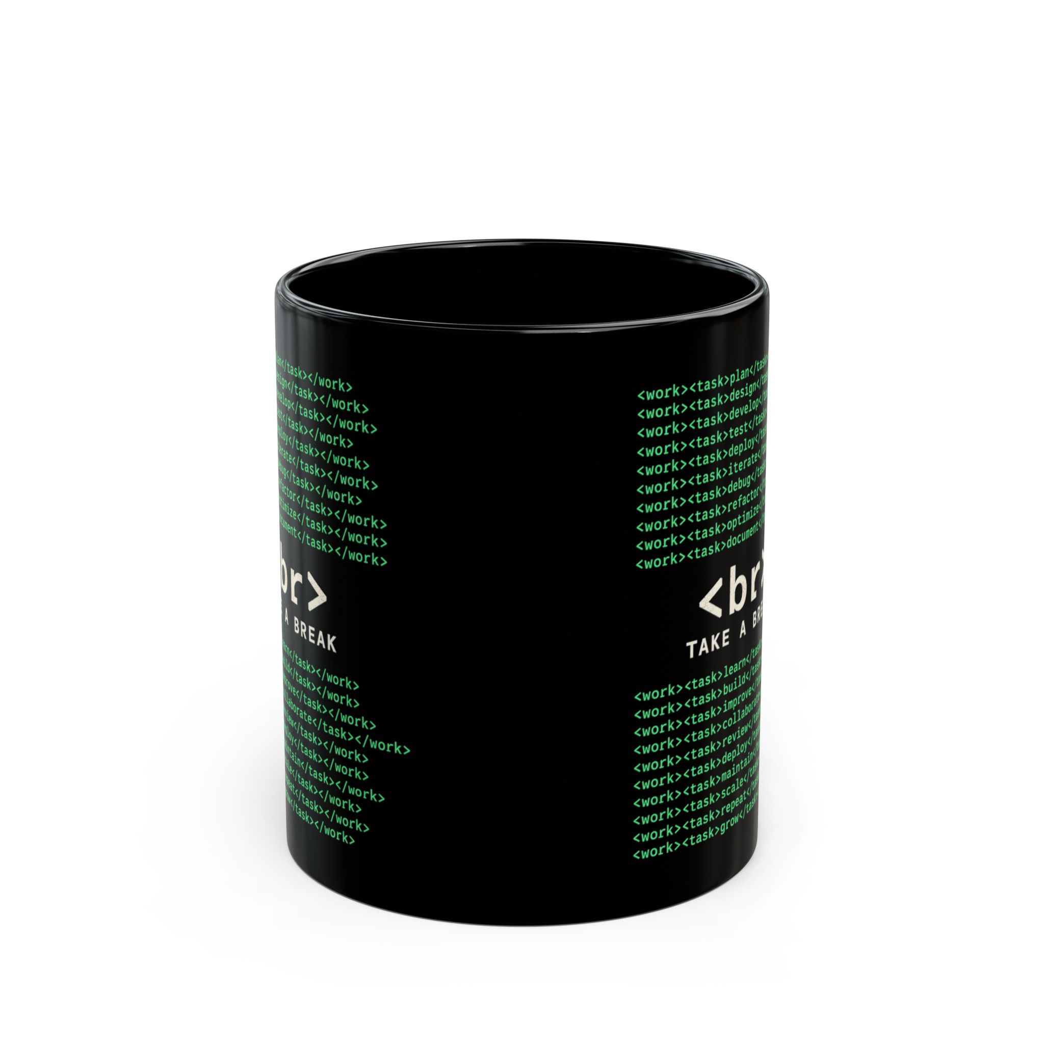Work Work Break black mug, 11 oz, front view