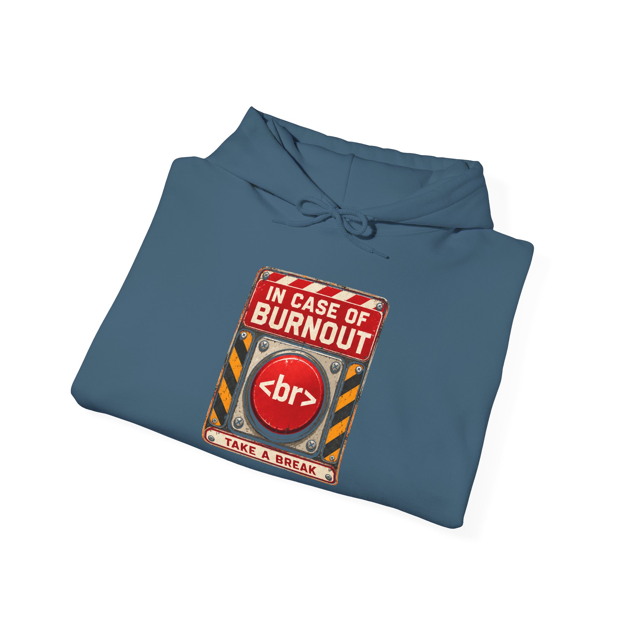 In Case of Burnout hoodie in Indigo Blue, folded