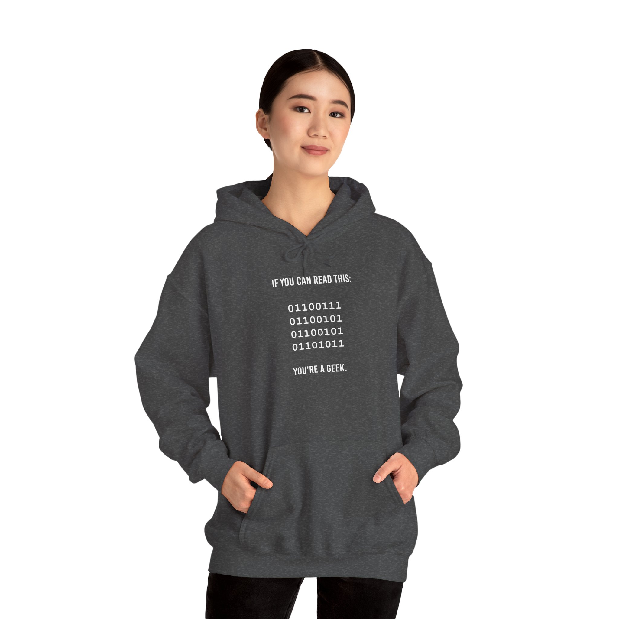 Geek Binary Code hoodie in Dark Heather, worn by a model