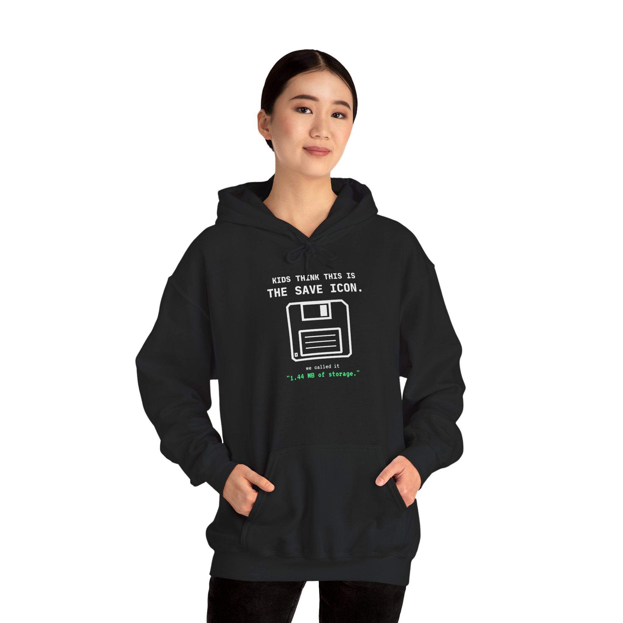 The Original Save Icon hoodie in Black, worn by a model