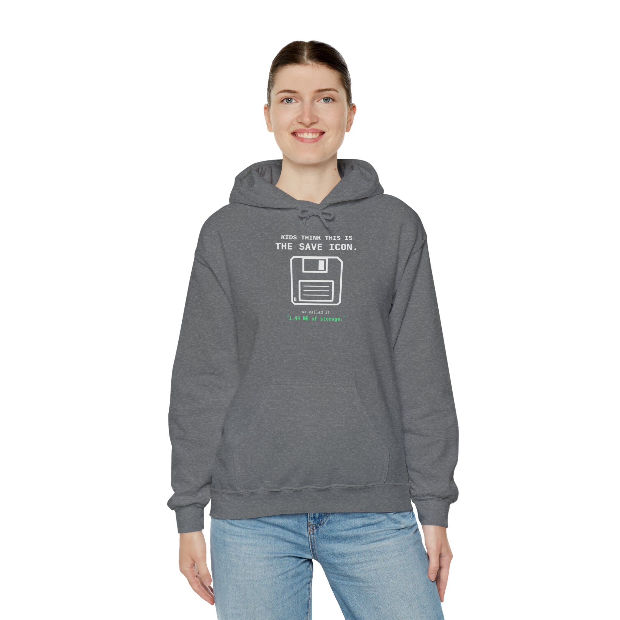 The Original Save Icon hoodie in Graphite Heather, worn by a model, third view