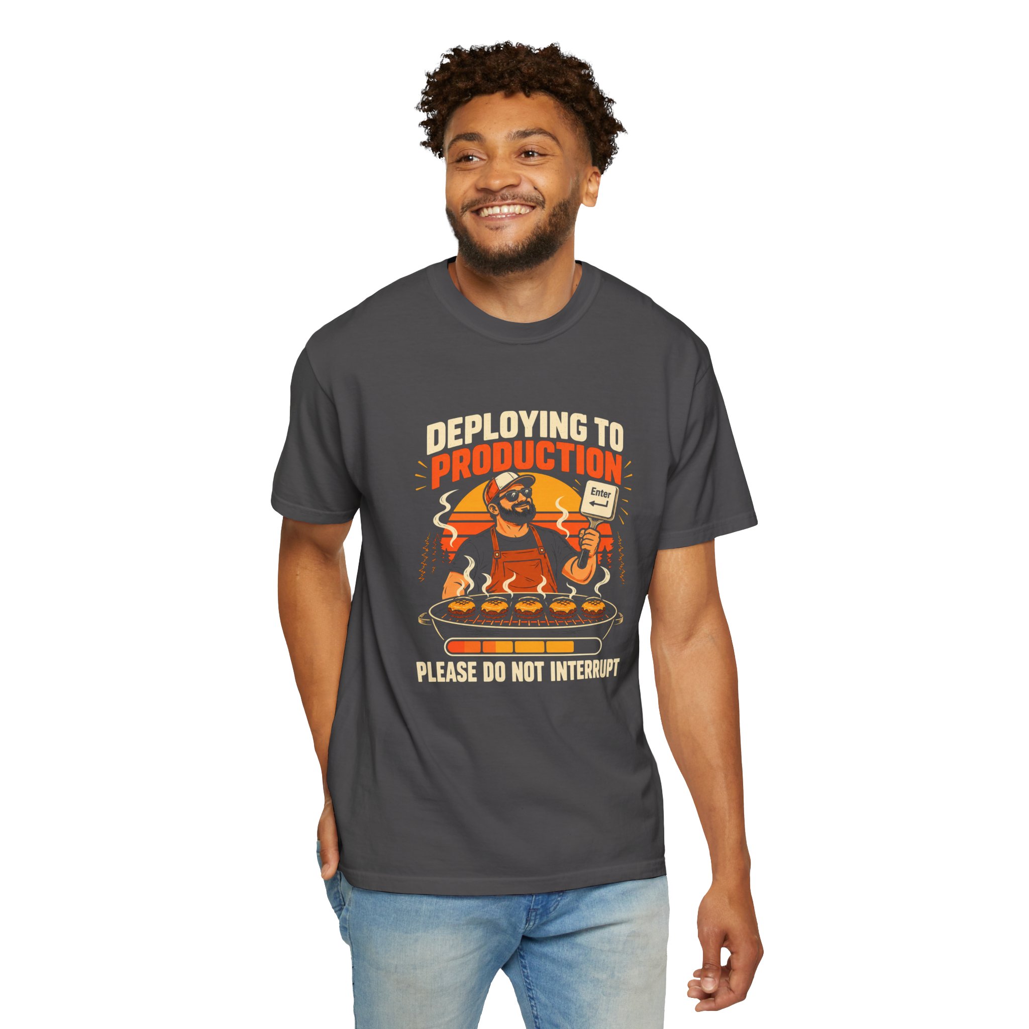 Deploying to Production T-shirt in Graphite, worn by a man, second model