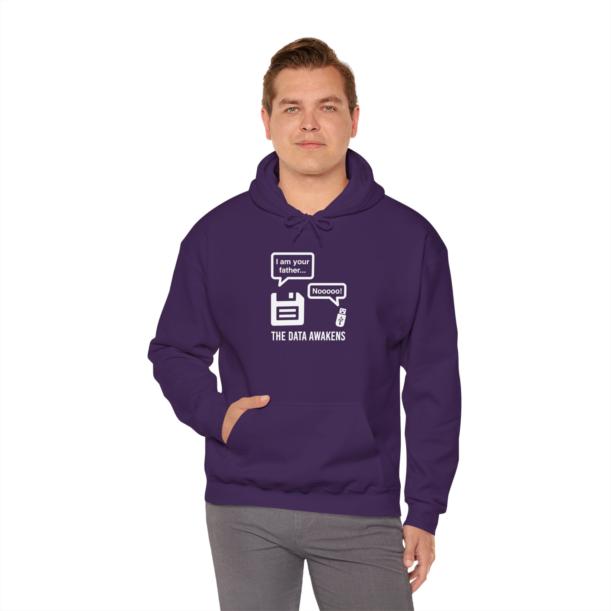 The Data Awakens hoodie in Purple, worn by a model, fourth view