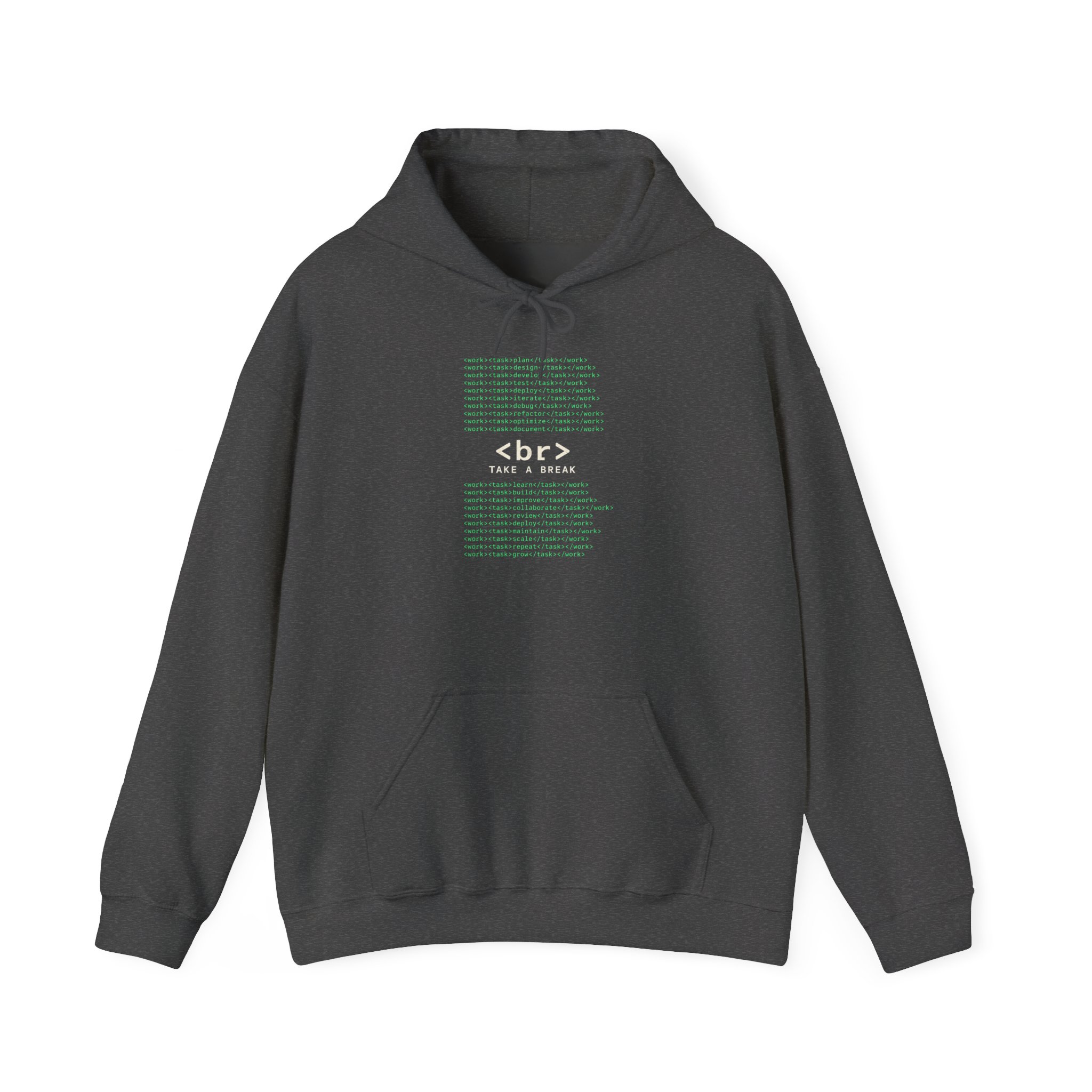 Work Work Break hoodie in Dark Heather, front view