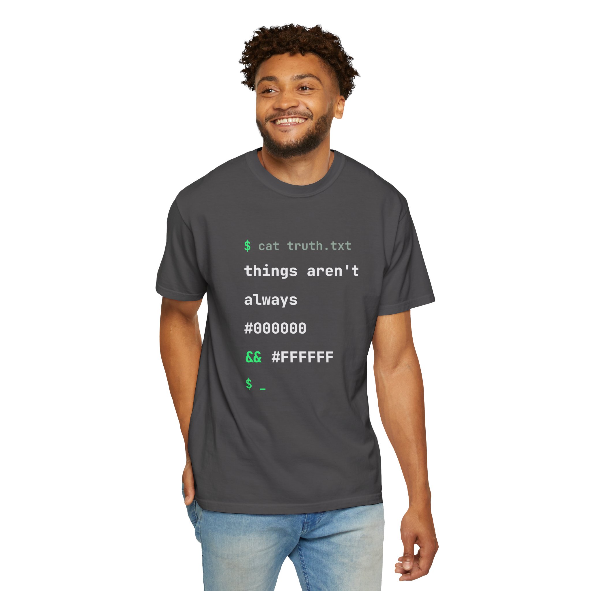 cat truth.txt T-shirt in Graphite, worn by a man, second model