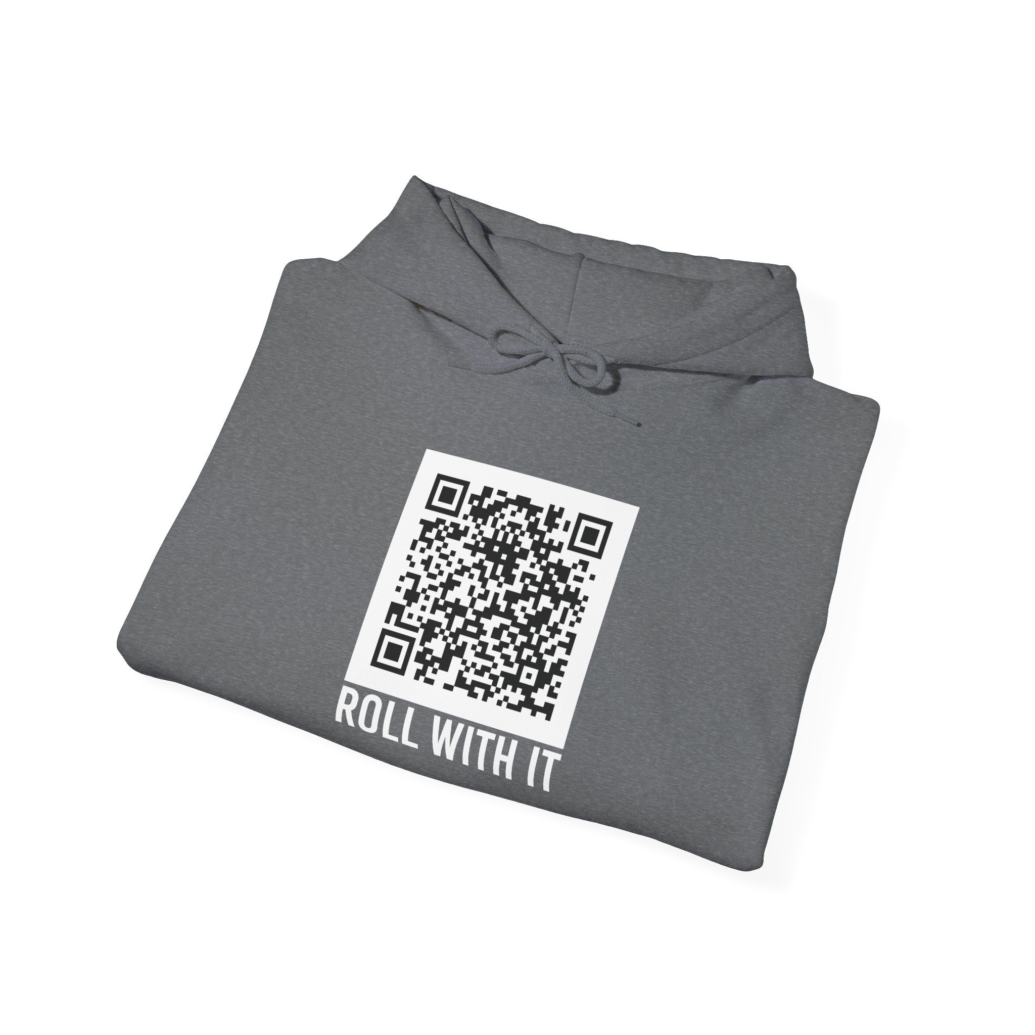 Roll With It QR Code hoodie in Graphite Heather, folded
