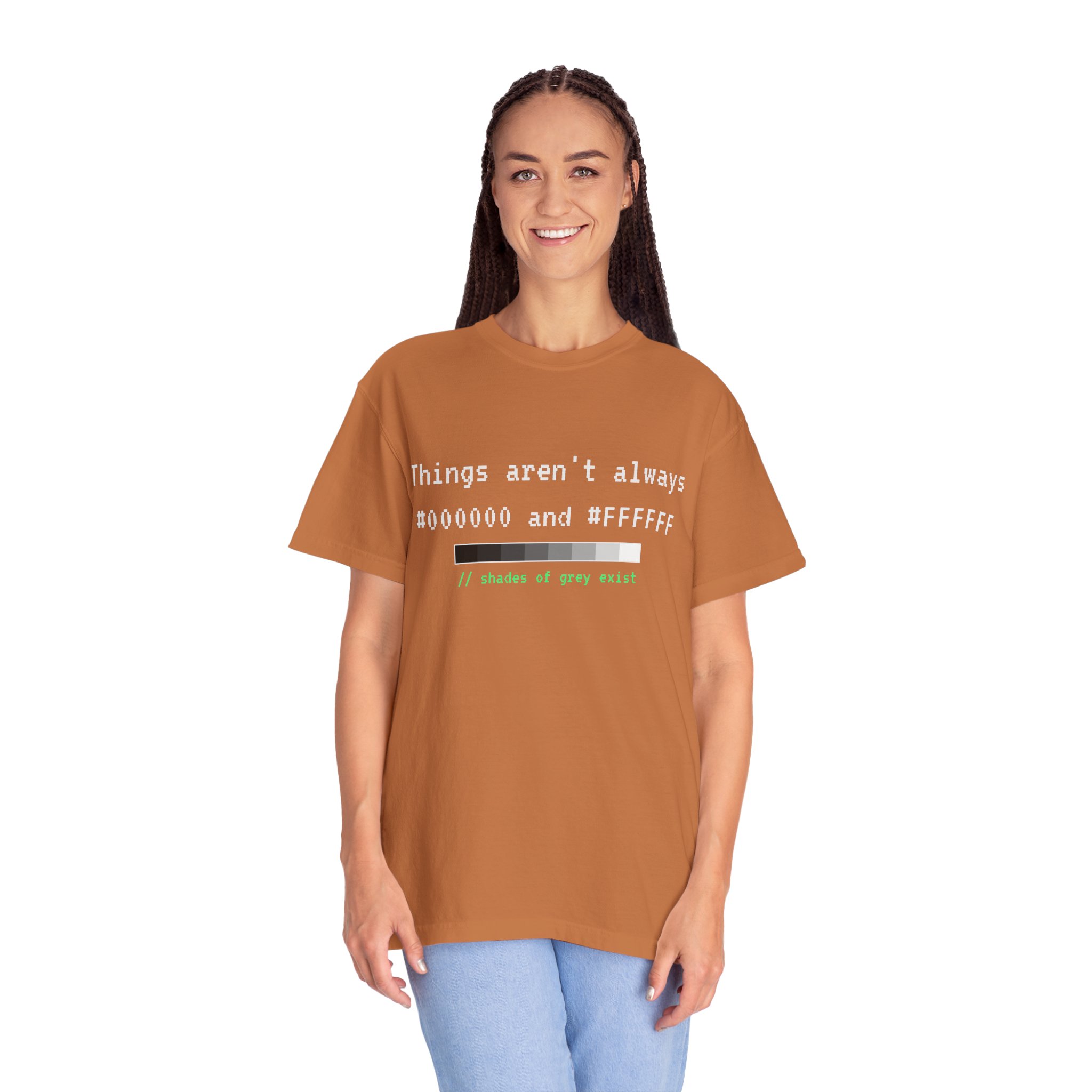 Shades of Grey Exist T-shirt in Yam, worn by a woman