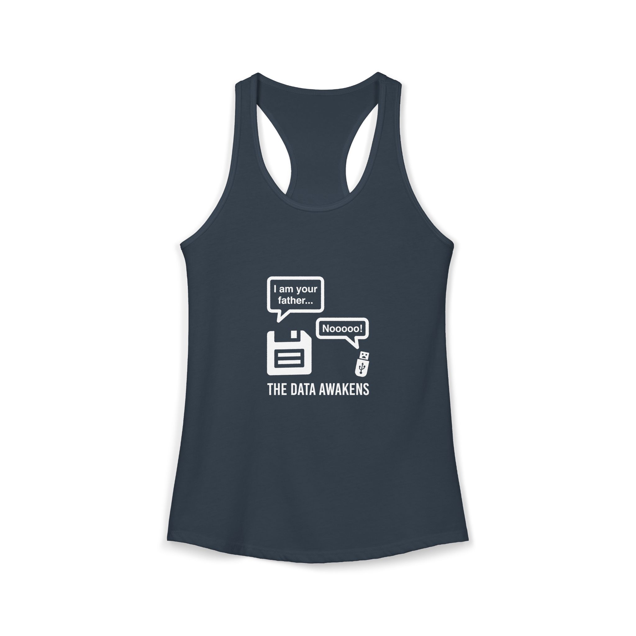 The Data Awakens women's racerback tank in Solid Indigo, front 2