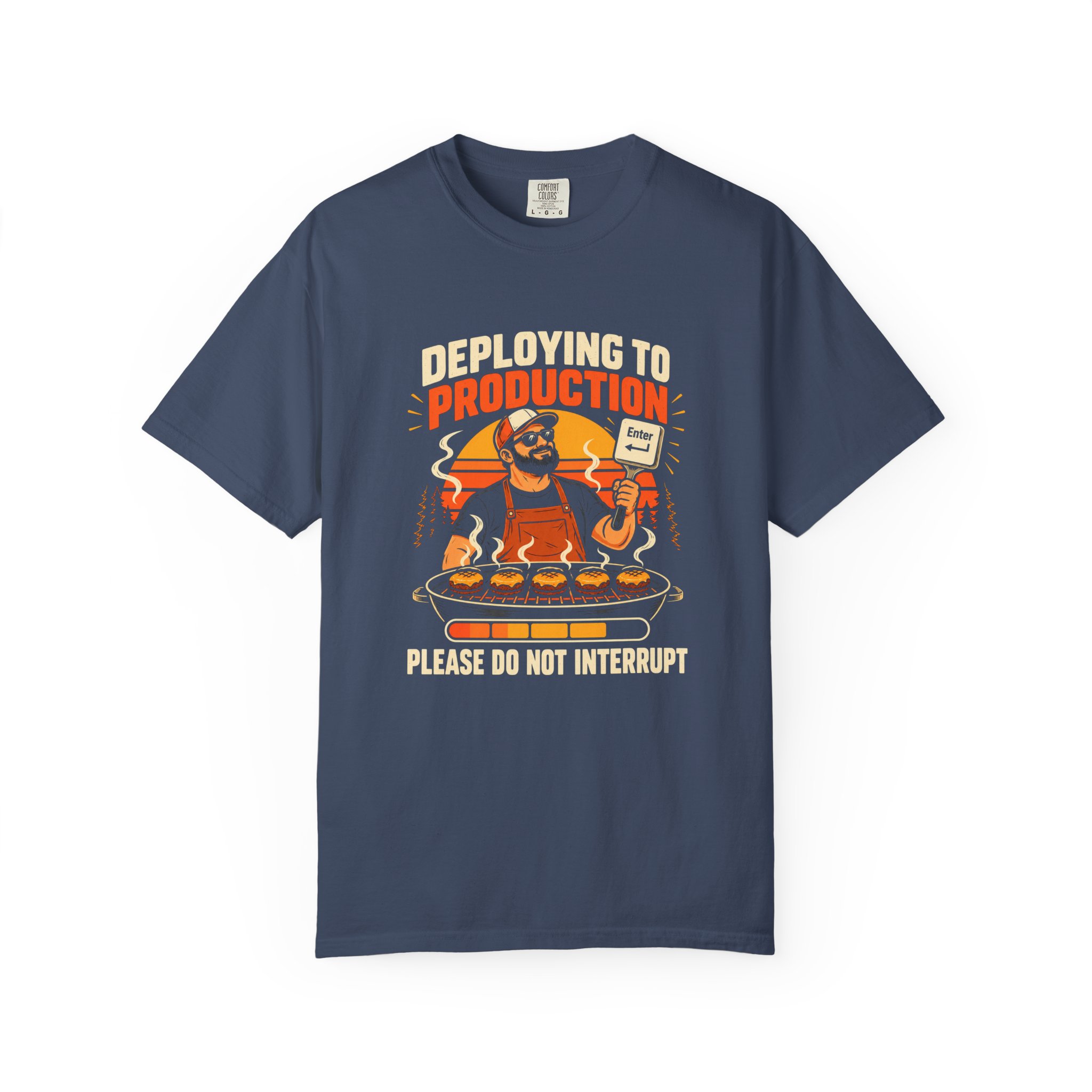 Deploying to Production T-shirt in Midnight, front view