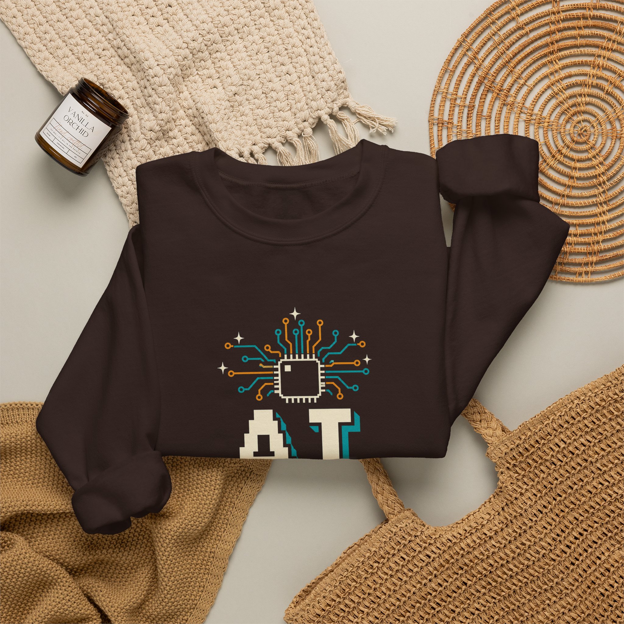 AI Magic Chip crewneck sweatshirt in Dark Chocolate, folded 2