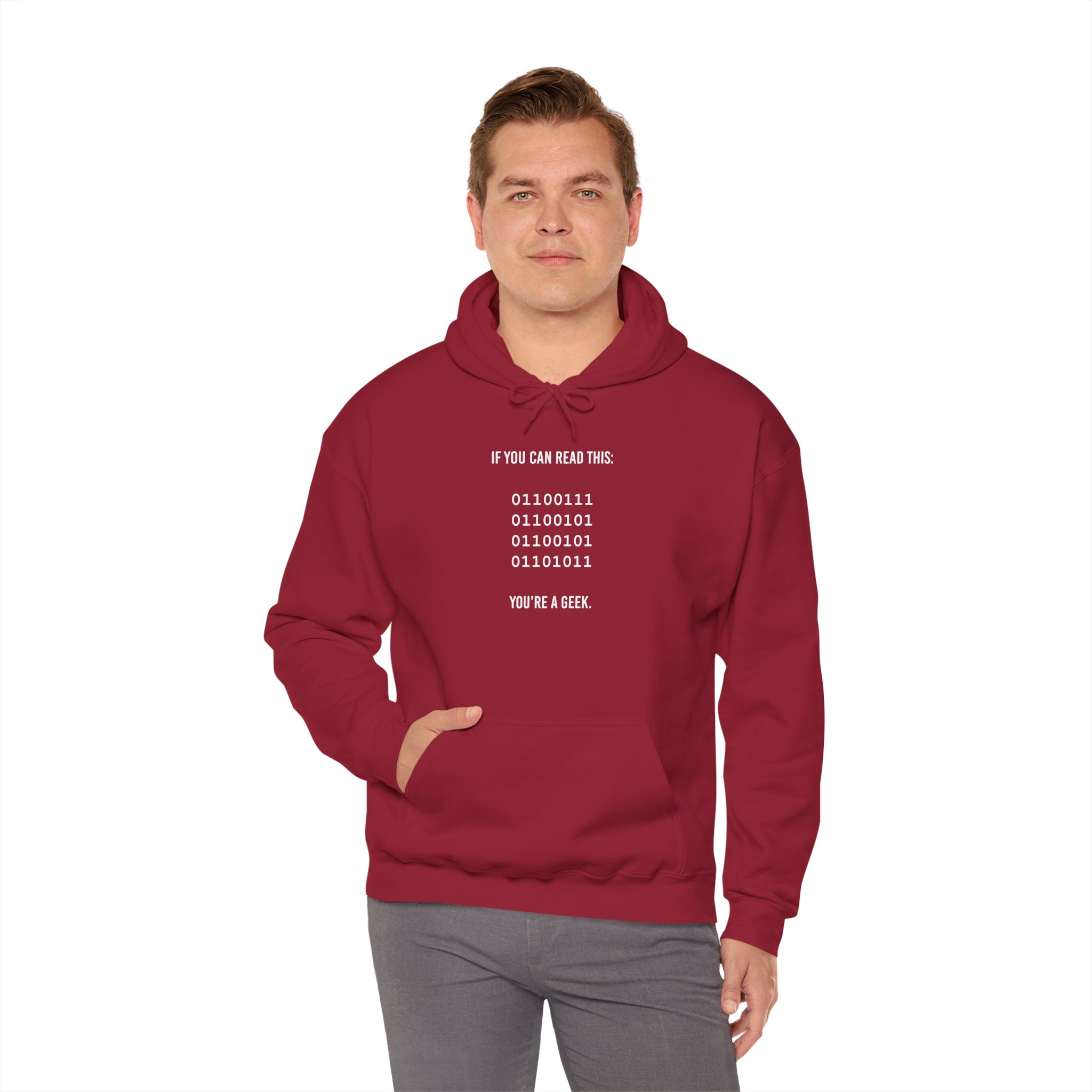 Geek Binary Code hoodie in Cardinal Red, worn by a model, fourth view
