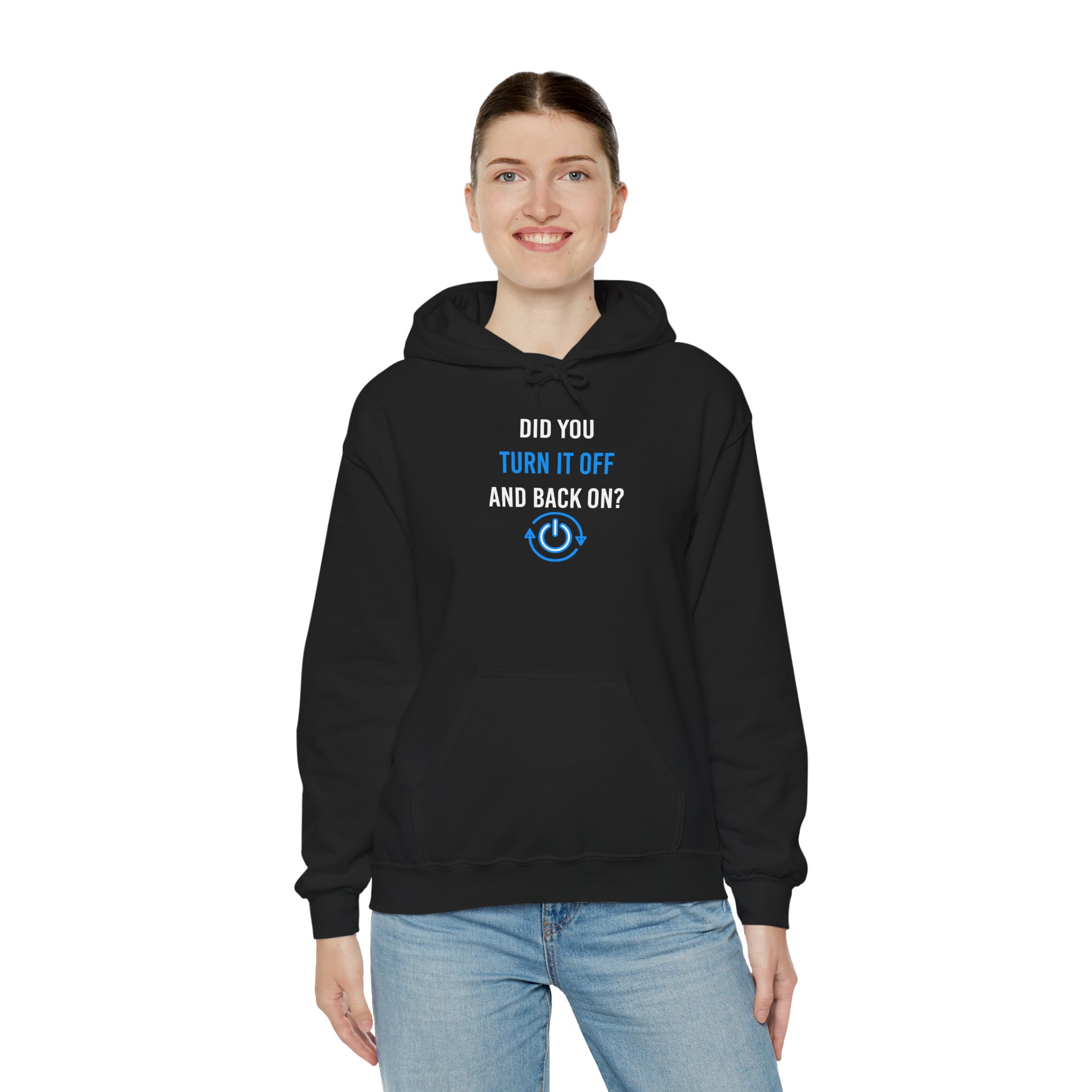 Did You Turn It Off and Back On? hoodie in Black, worn by a model, third view