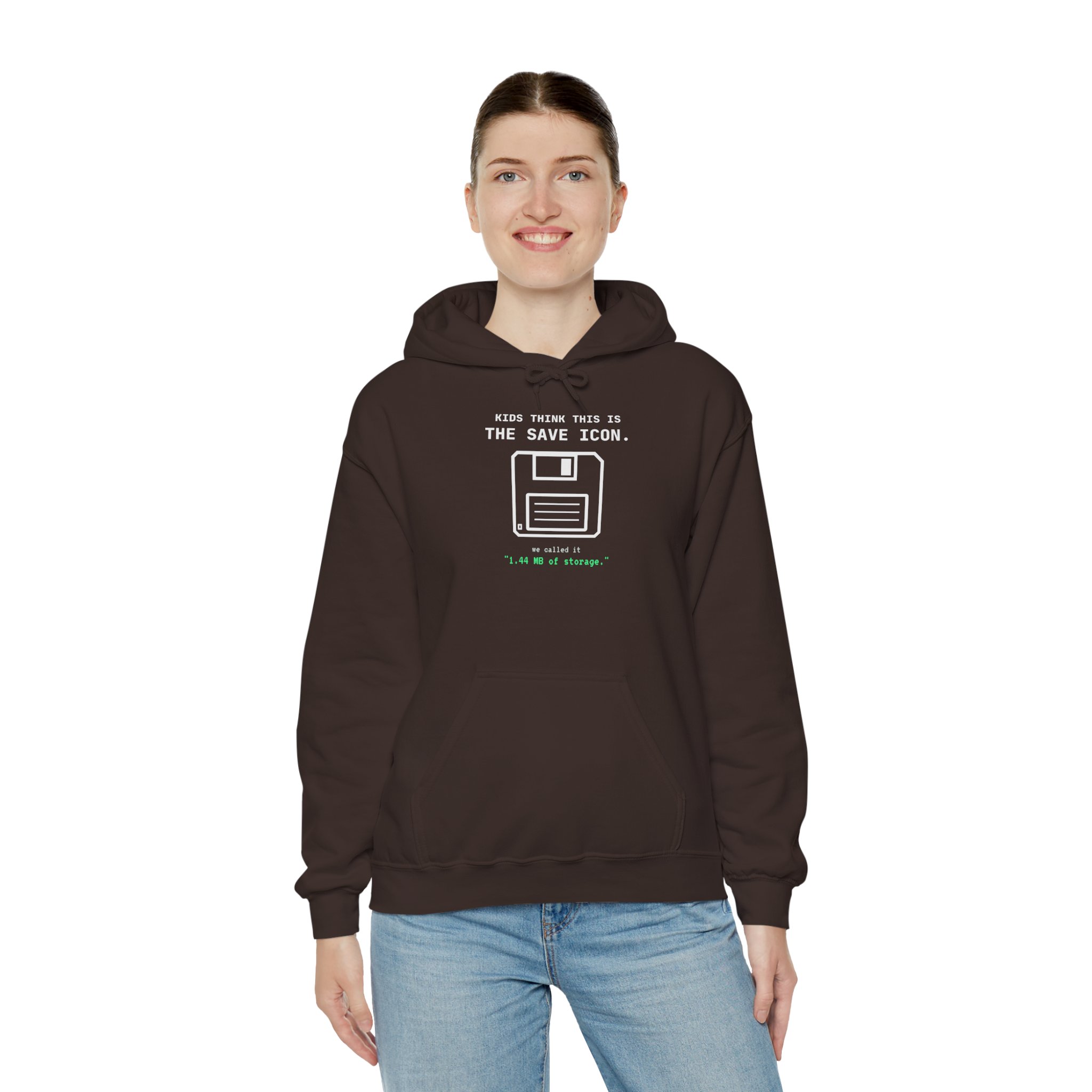 The Original Save Icon hoodie in Dark Chocolate, worn by a model, third view