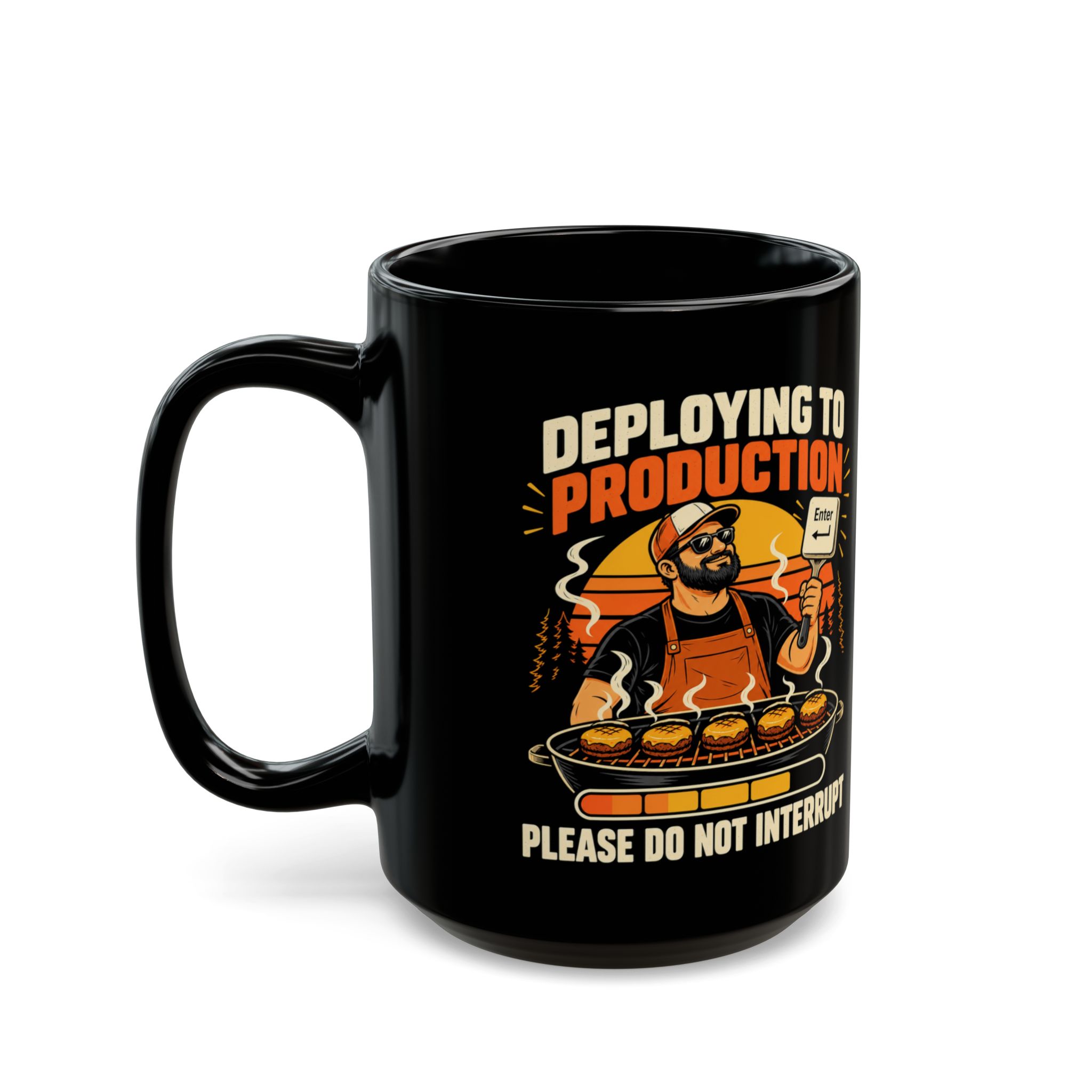 Deploying to Production black mug, 15 oz, left side