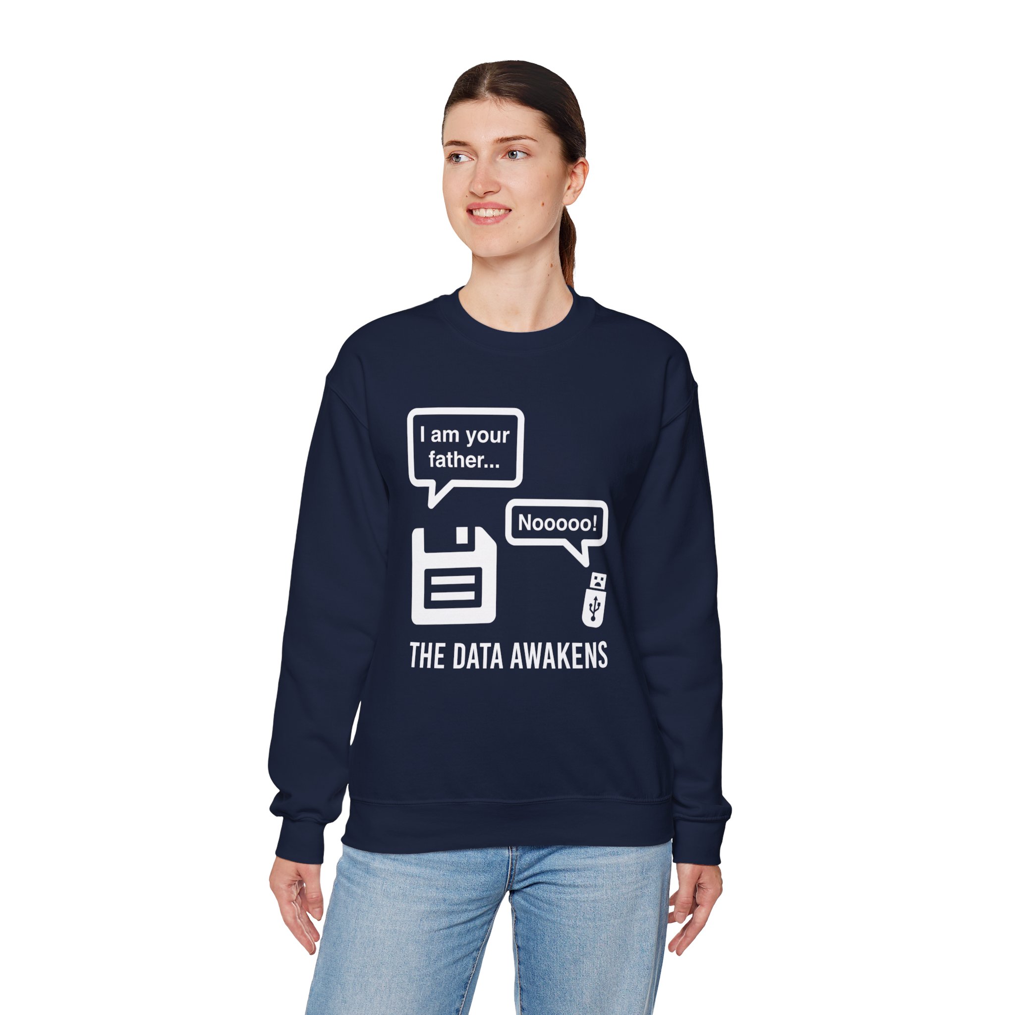 The Data Awakens crewneck sweatshirt in Navy, worn by a model, fourth view