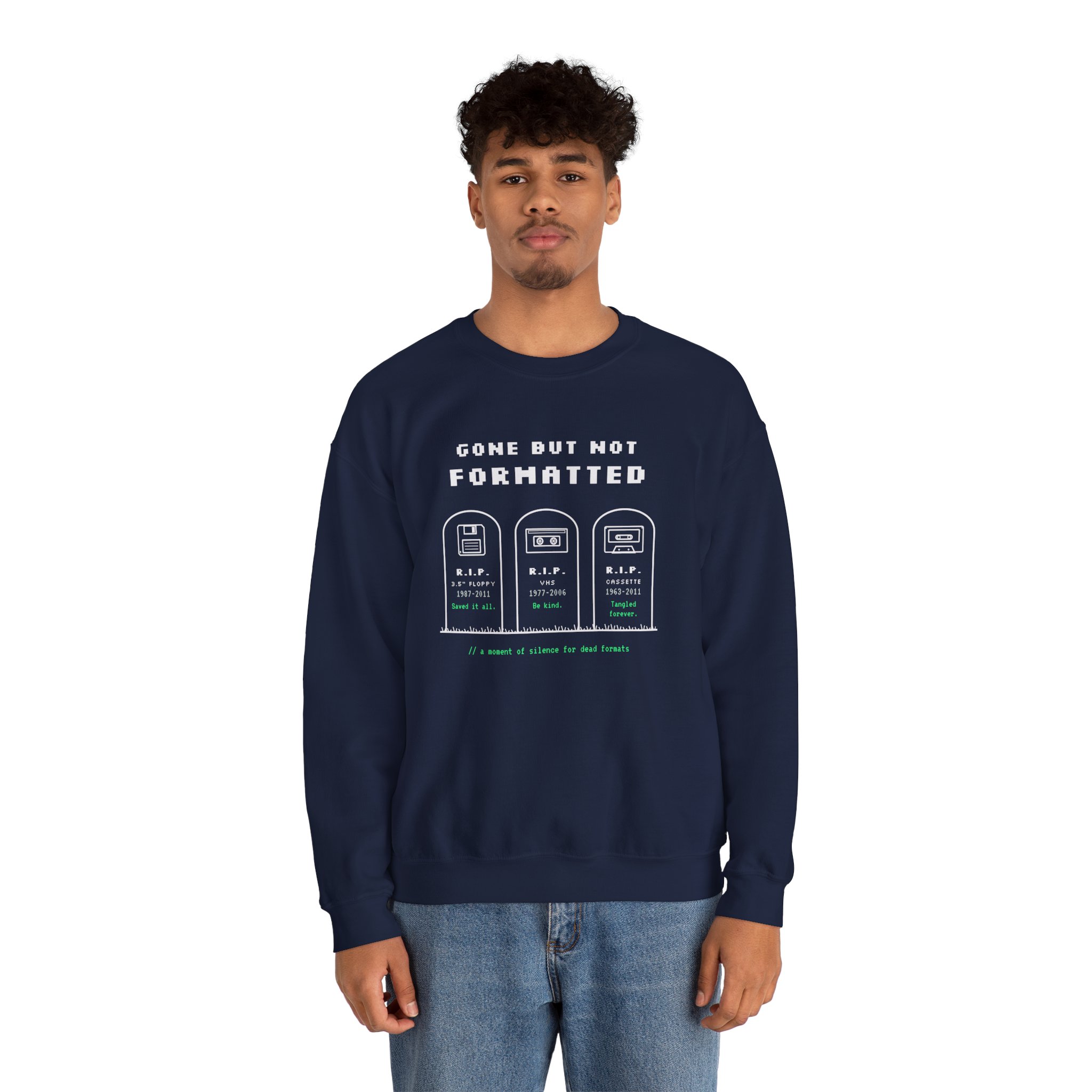 Gone But Not Formatted crewneck sweatshirt in Navy, worn by a model, second view