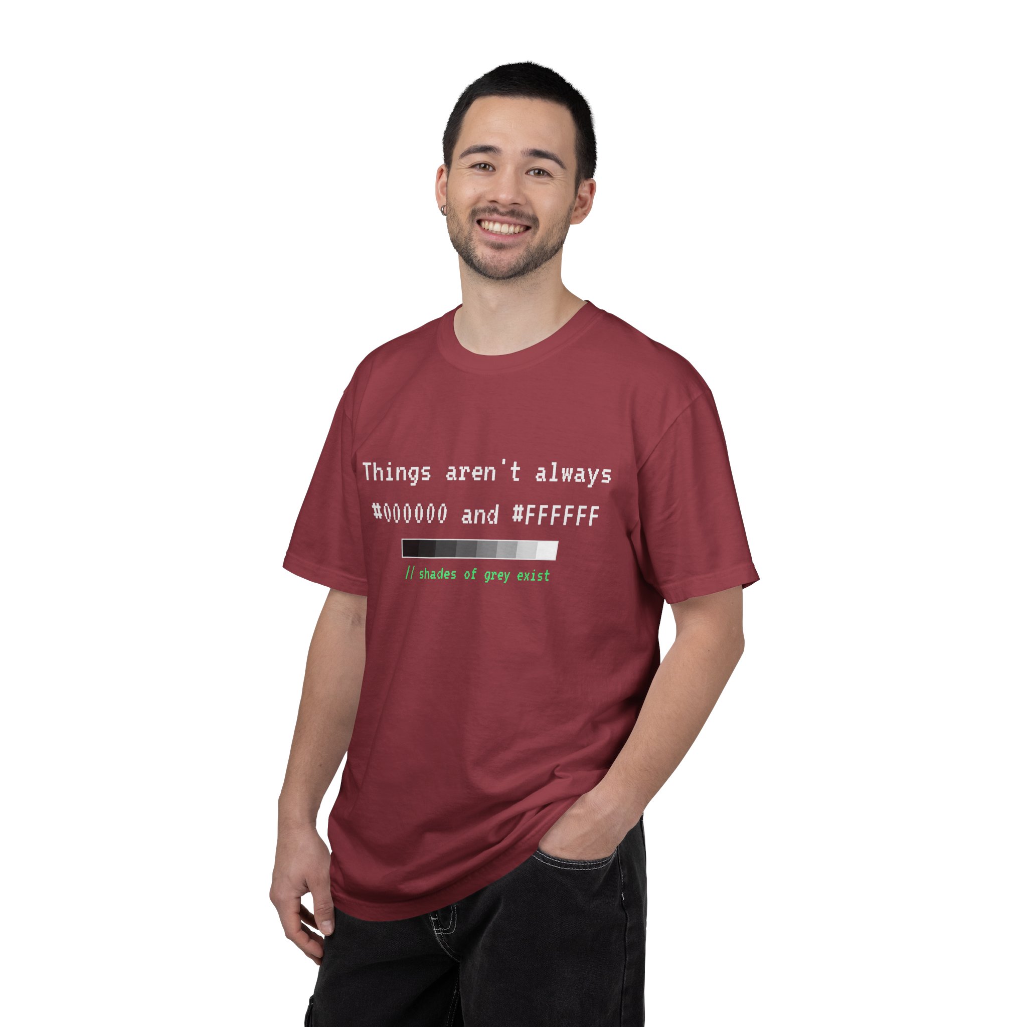 Shades of Grey Exist T-shirt in Chili, worn by a man