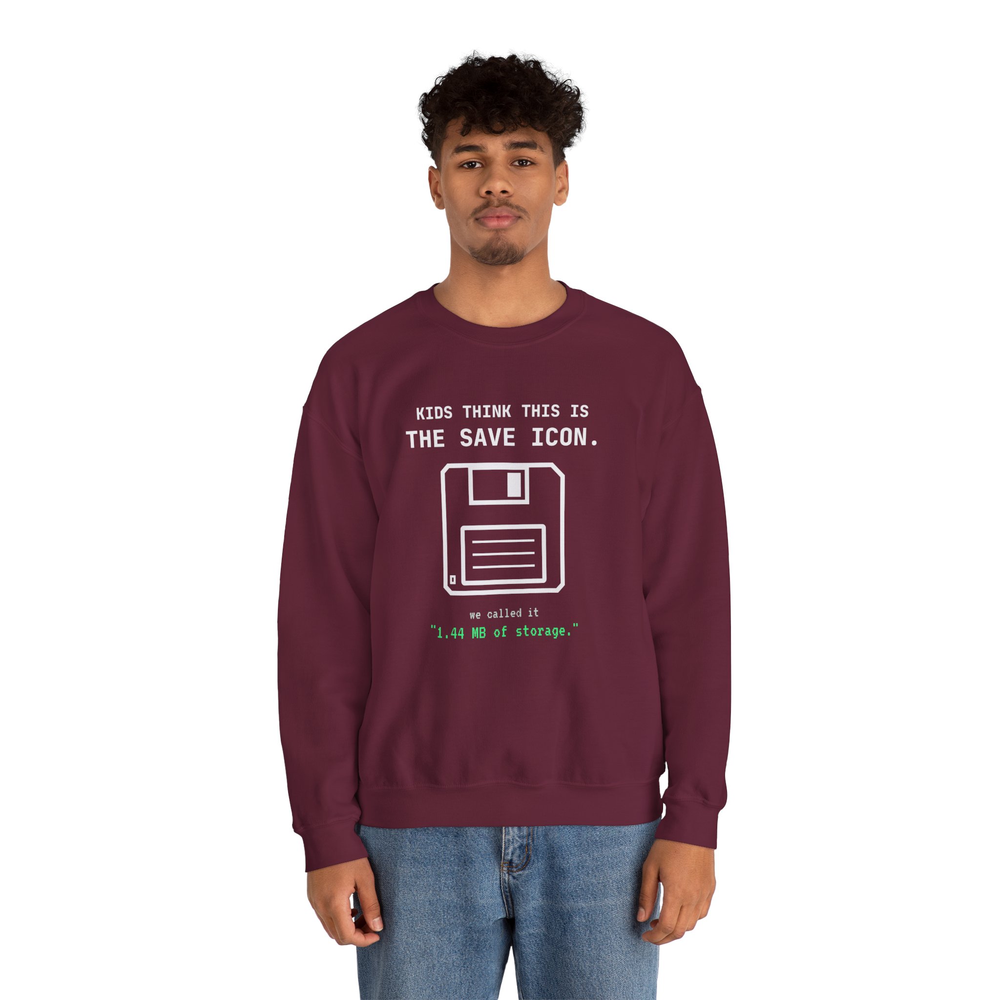The Original Save Icon crewneck sweatshirt in Maroon, worn by a model, second view