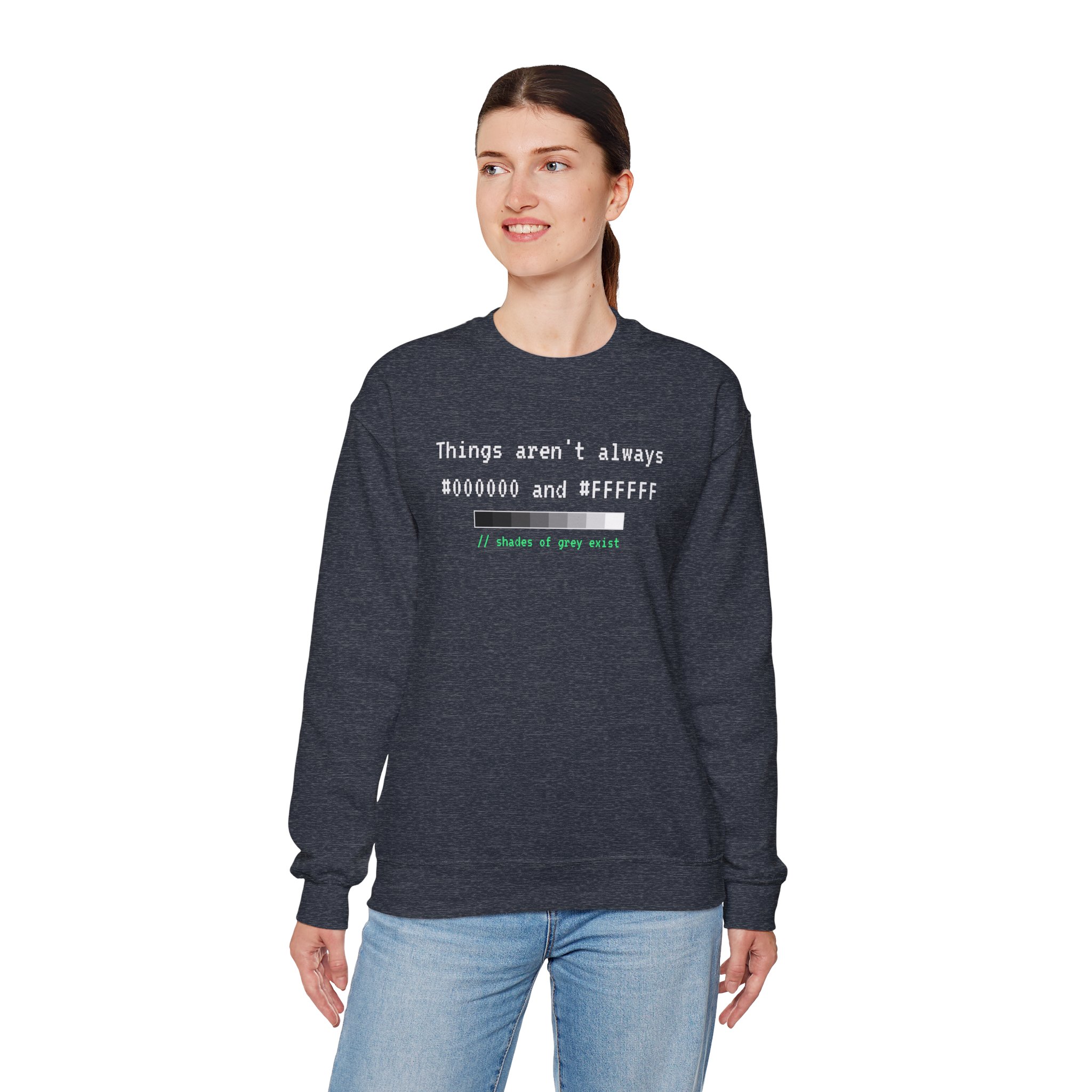 Shades of Grey Exist crewneck sweatshirt in Heather Sport Dark Navy, worn by a model, fourth view